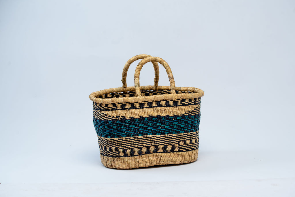 Handwoven Oval Basket Tote Bag – Teal & Black Stripe Pattern
