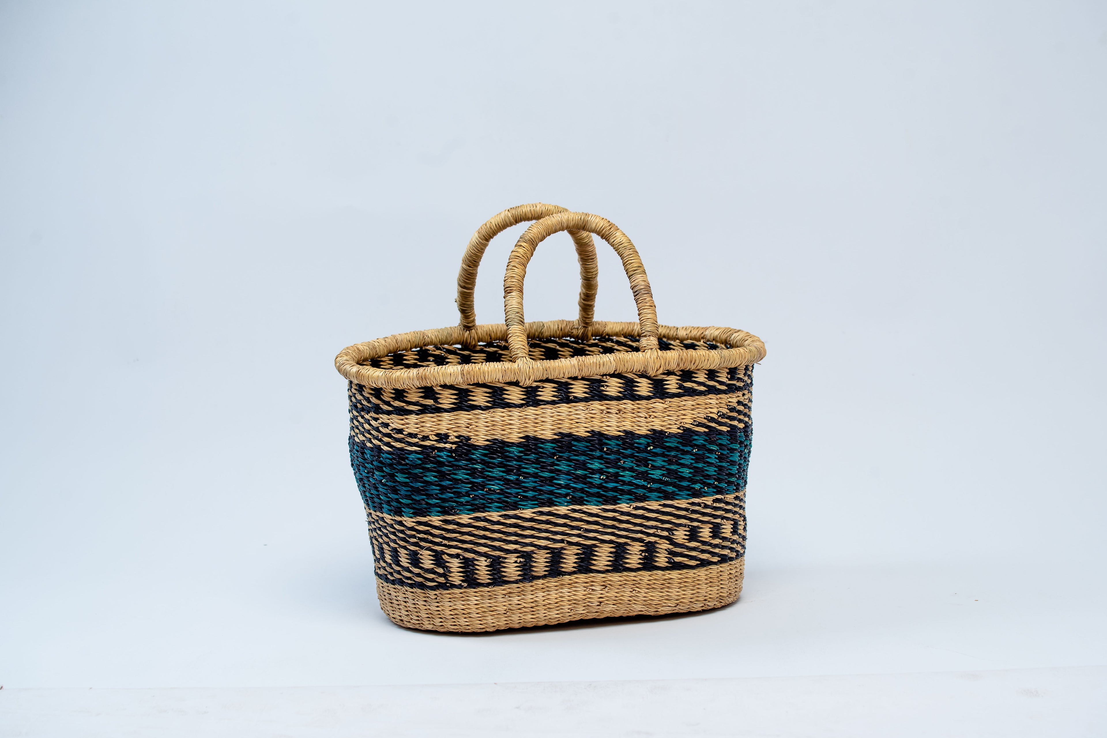Handwoven Oval Basket Tote Bag – Teal & Black Stripe Pattern