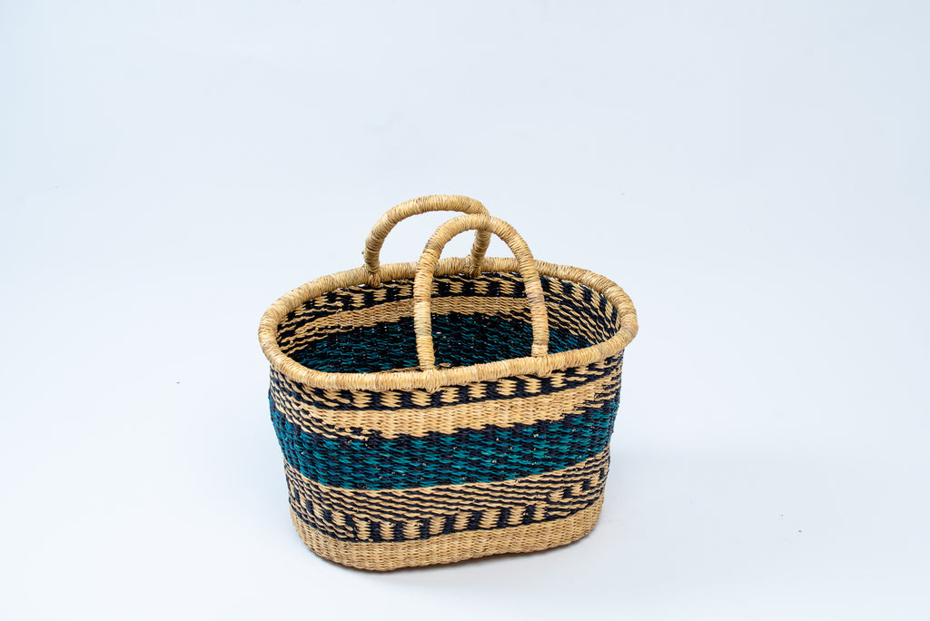 Handwoven Oval Basket Tote Bag – Teal & Black Stripe Pattern