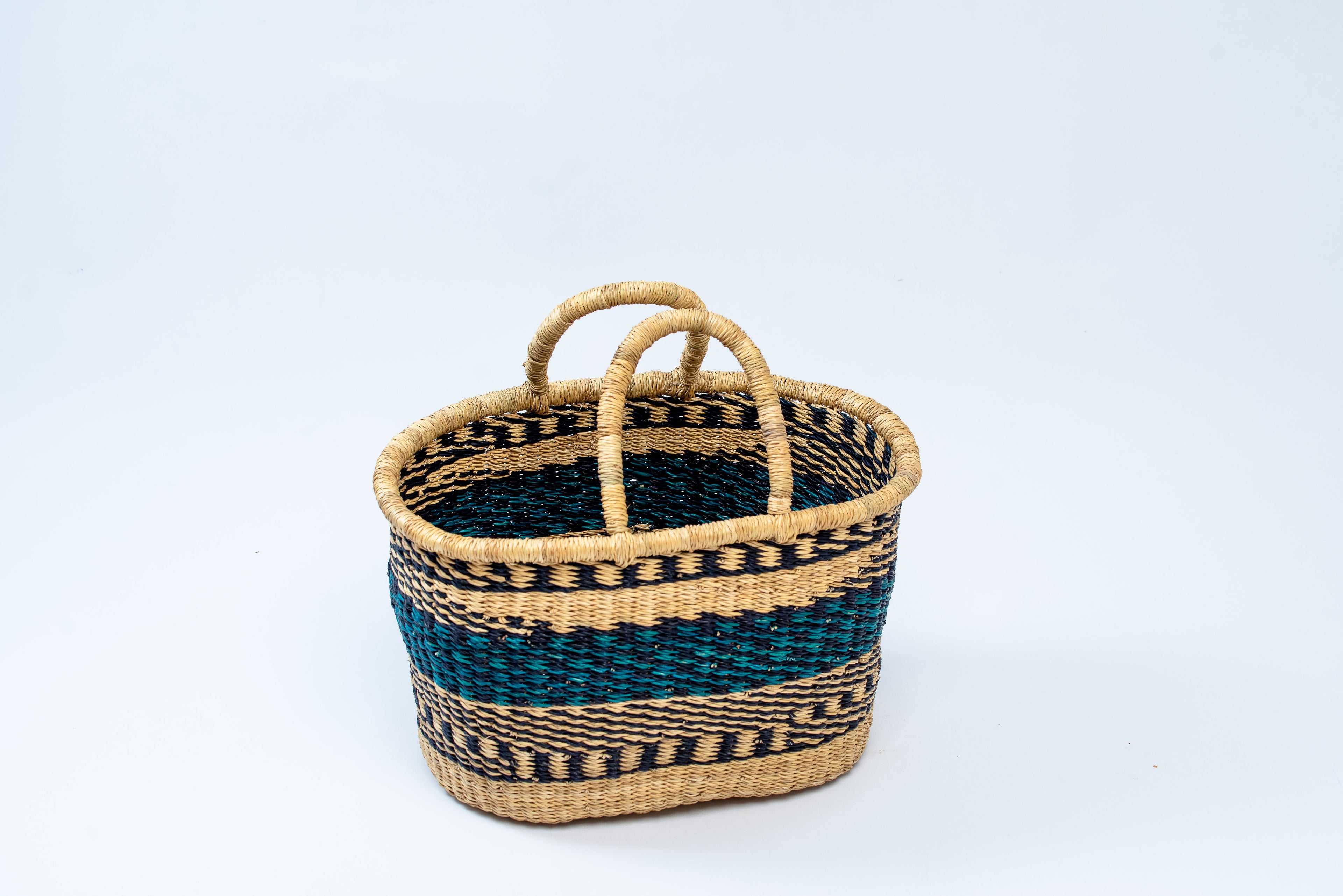 Handwoven Oval Basket Tote Bag – Teal & Black Stripe Pattern