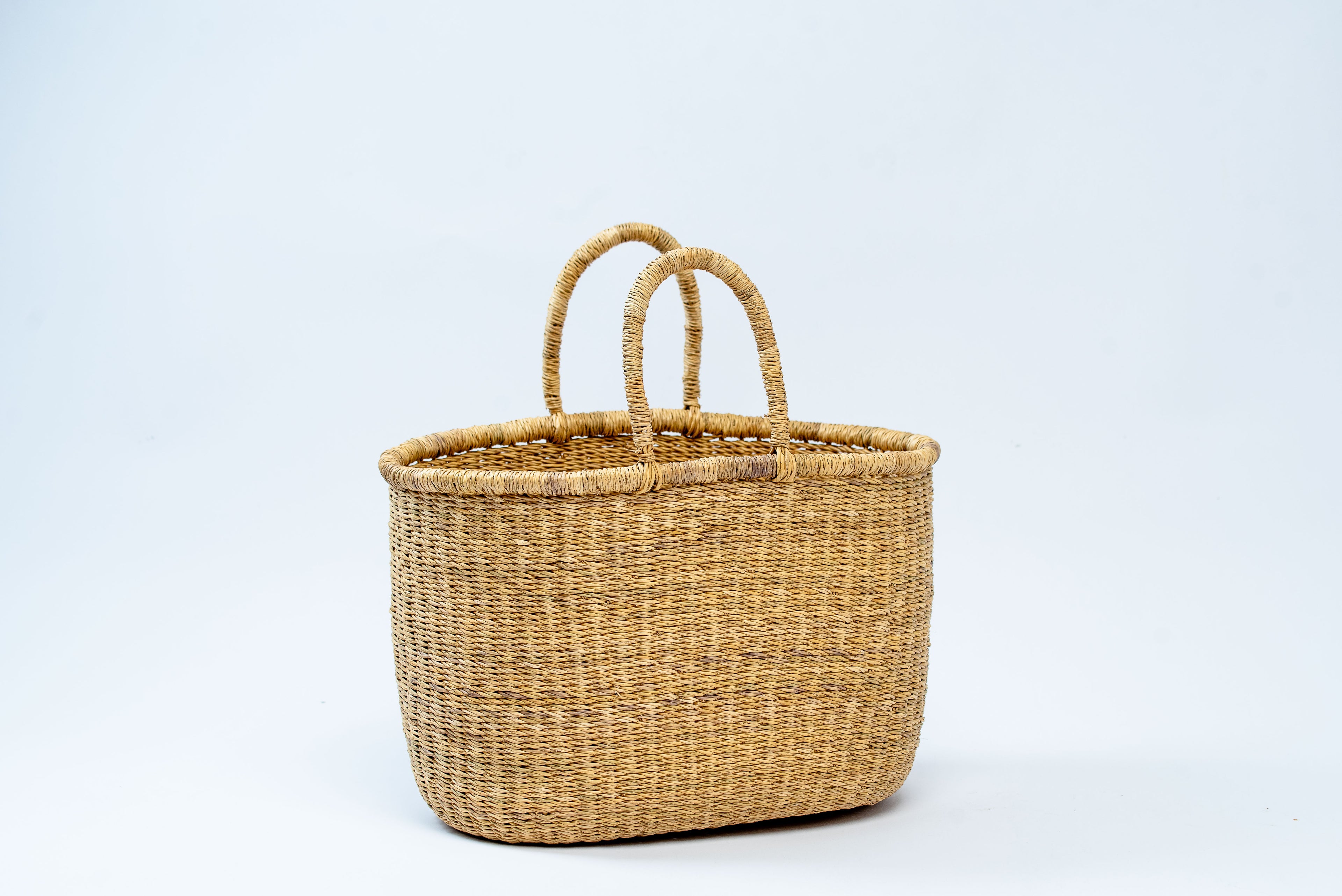 Handwoven Natural Straw Oval Basket Tote Bag – Double Loop Handles