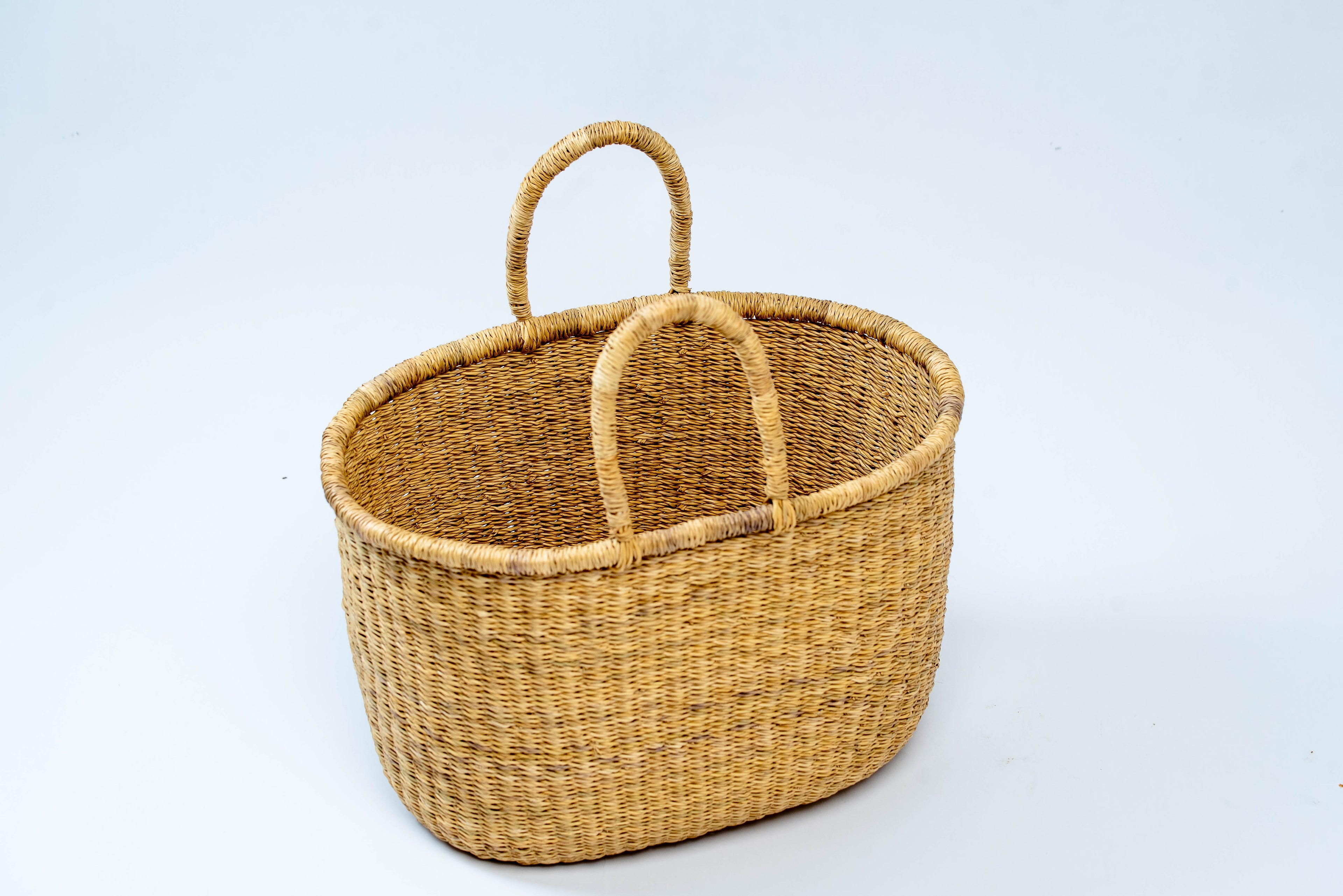 Handwoven Natural Straw Oval Basket Tote Bag – Double Loop Handles