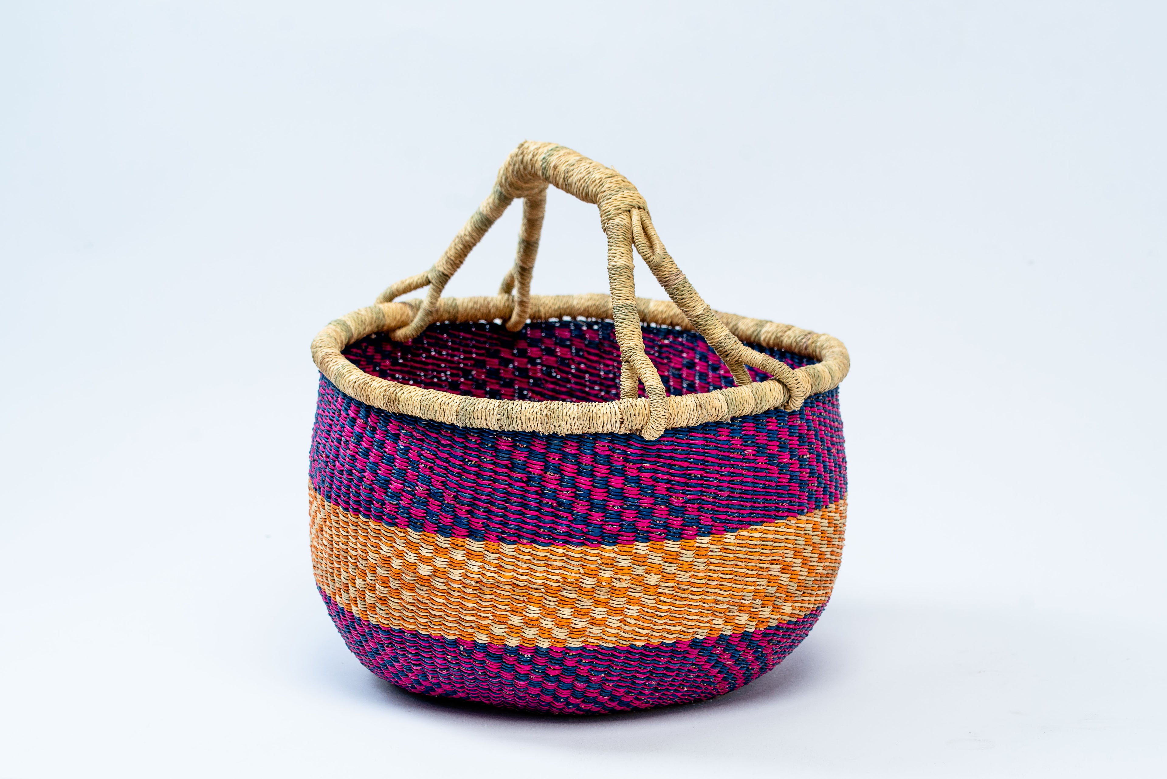 Handwoven African Bolga Basket | Magenta & Orange Stripe