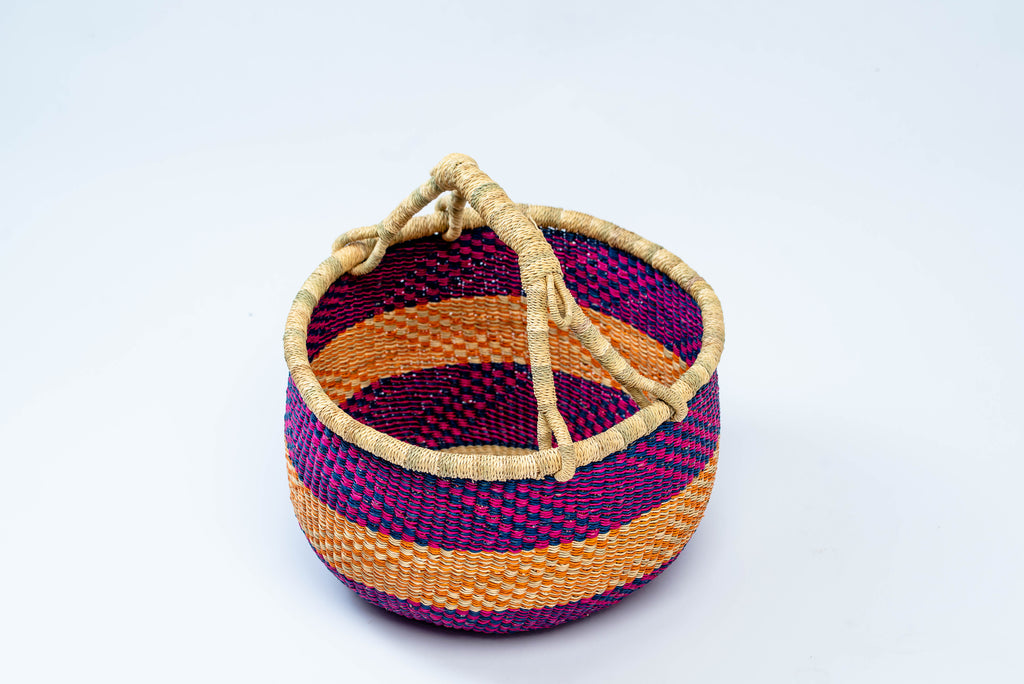 Handwoven African Bolga Basket | Magenta & Orange Stripe
