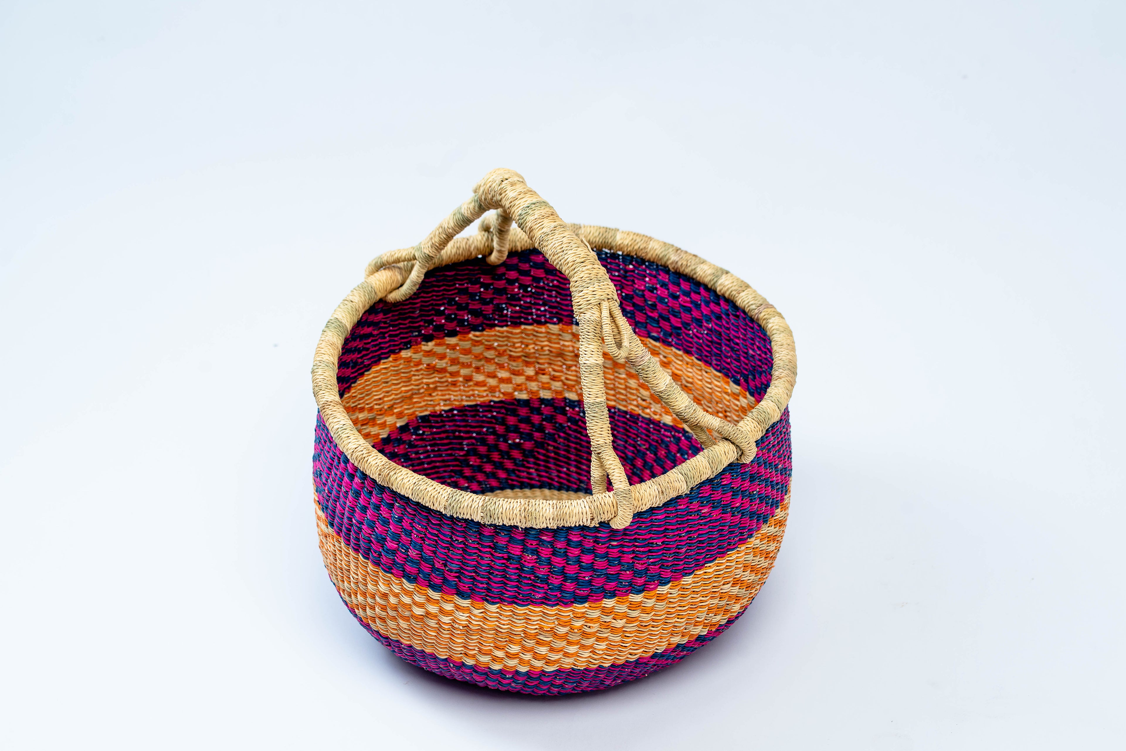 Handwoven African Bolga Basket | Magenta & Orange Stripe