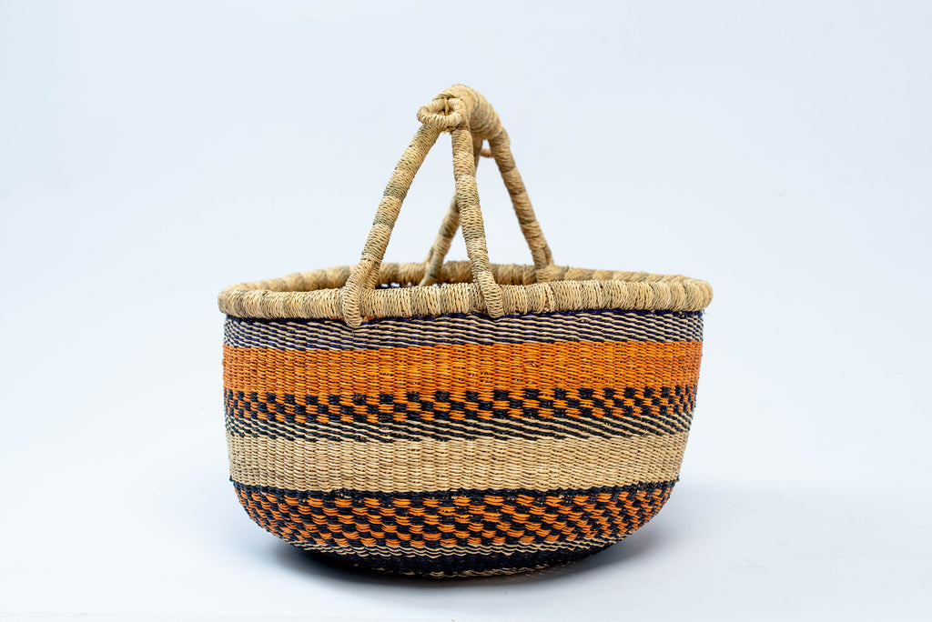 Handwoven Round Basket Bag – Orange, Black & Natural Stripe Pattern