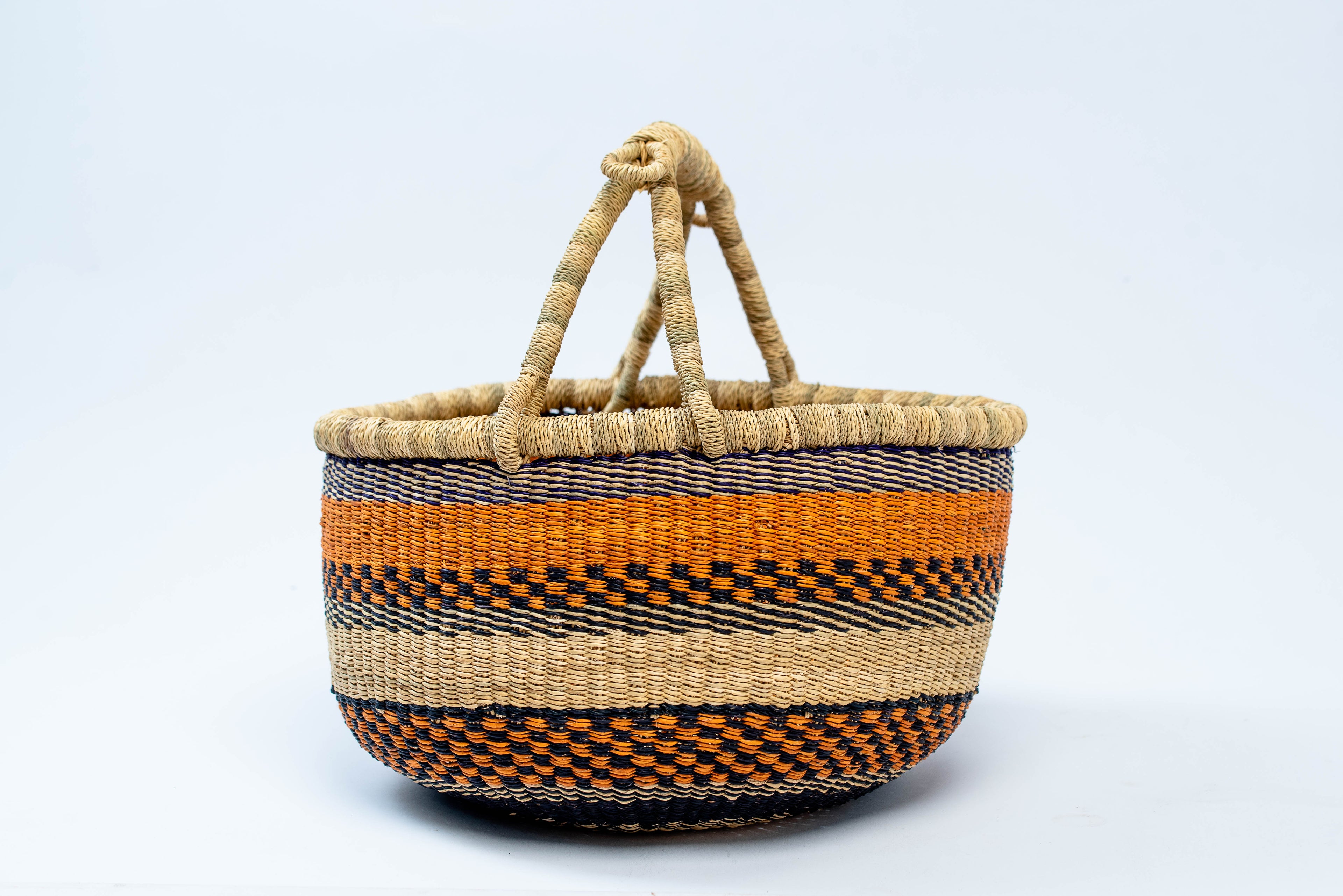 Handwoven Round Basket Bag – Orange, Black & Natural Stripe Pattern