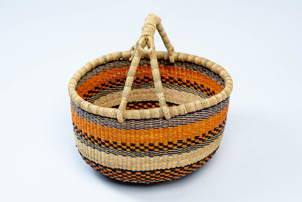 Handwoven Round Basket Bag – Orange, Black & Natural Stripe Pattern