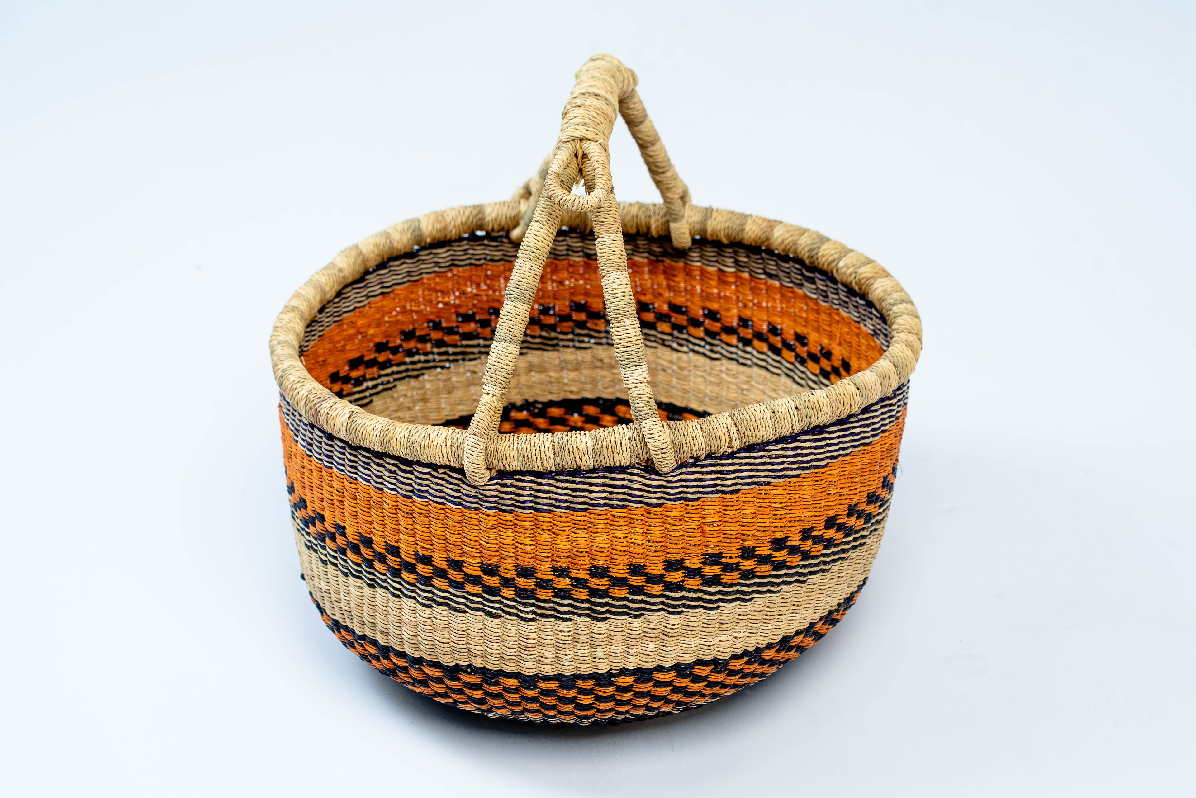 Handwoven Round Basket Bag – Orange, Black & Natural Stripe Pattern