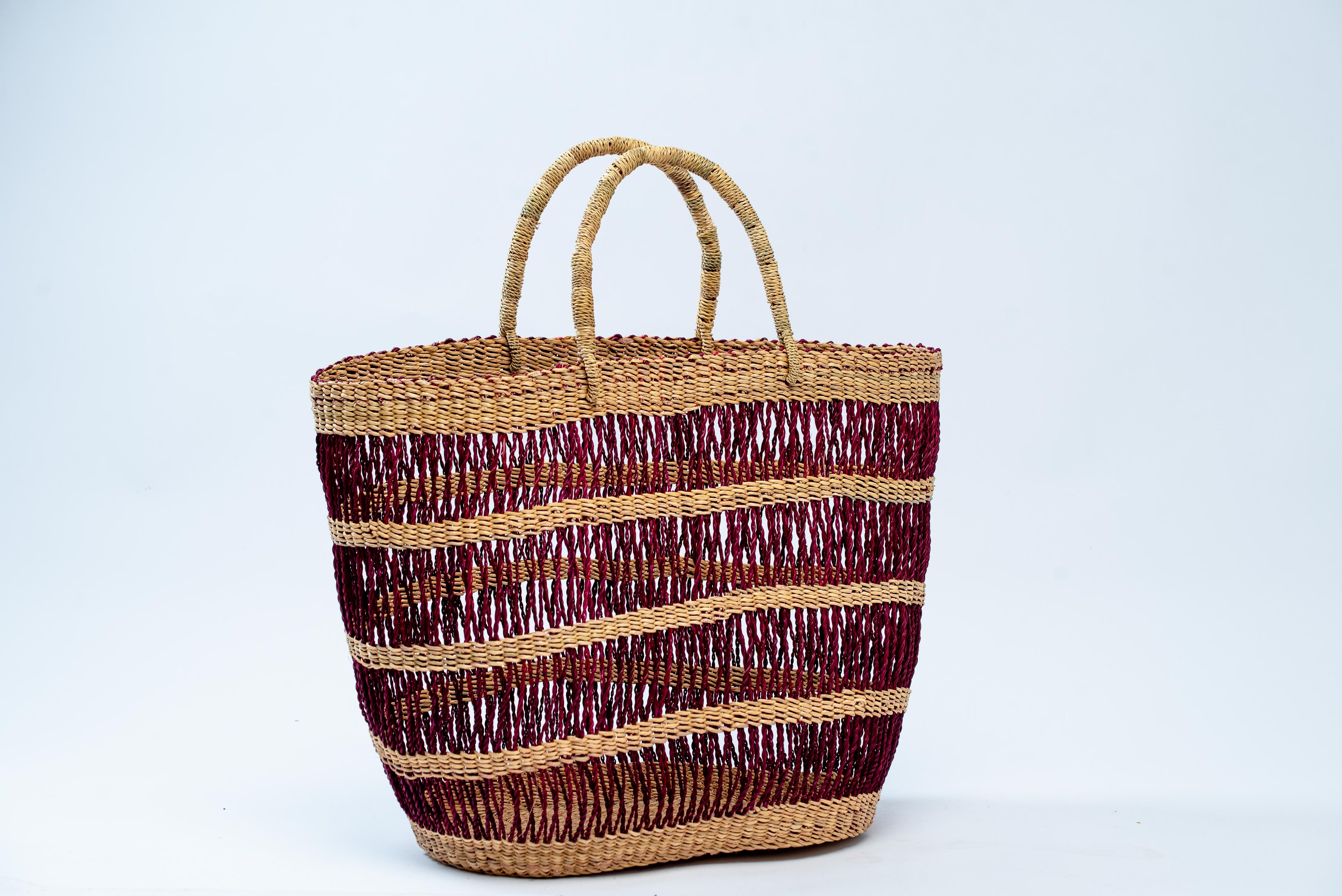 Handwoven Open-Weave Tote Basket Bag – Burgundy & Natural Stripe