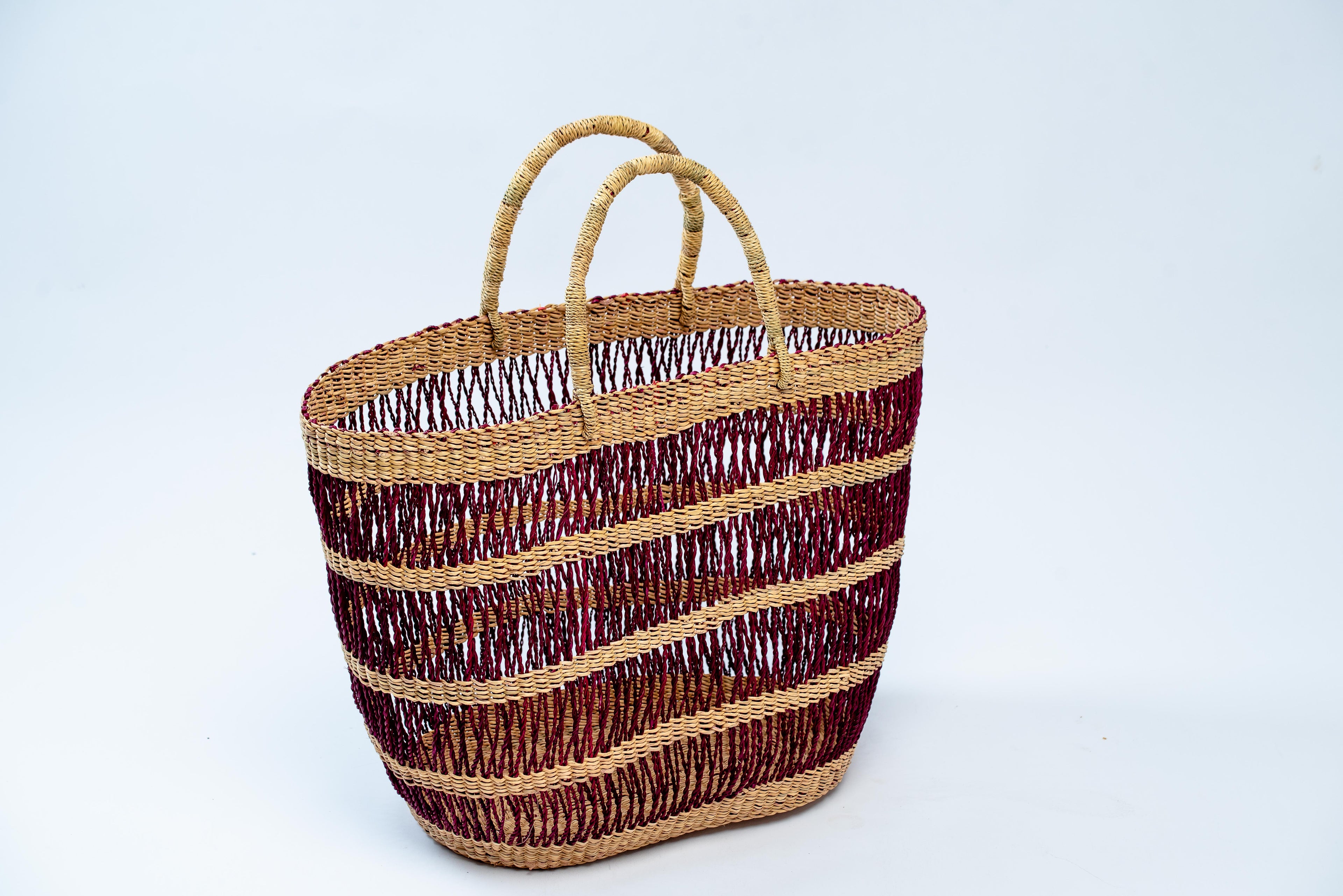Handwoven Open-Weave Tote Basket Bag – Burgundy & Natural Stripe
