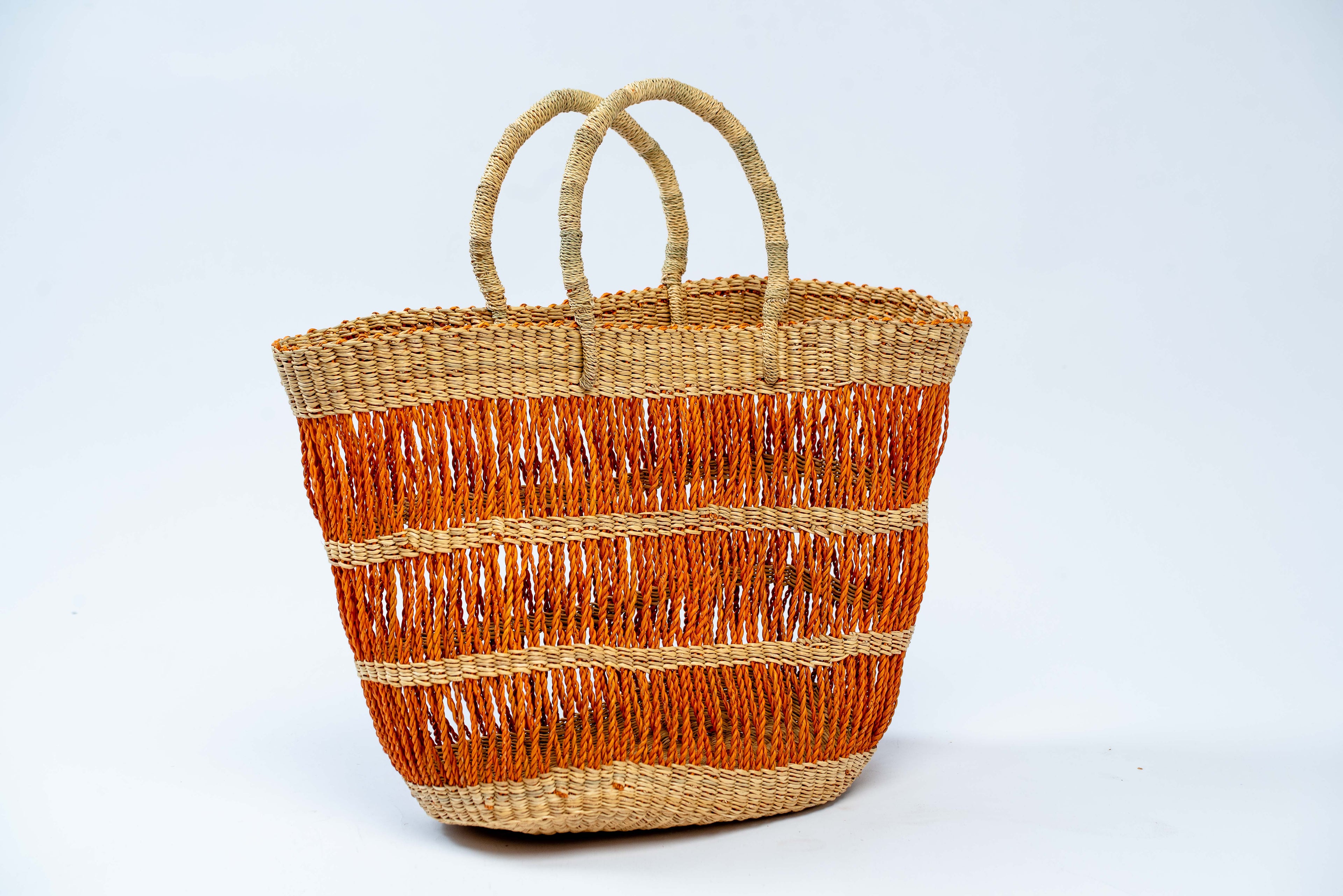 Handwoven Open-Weave Tote Basket Bag – Terracotta & Natural Stripe