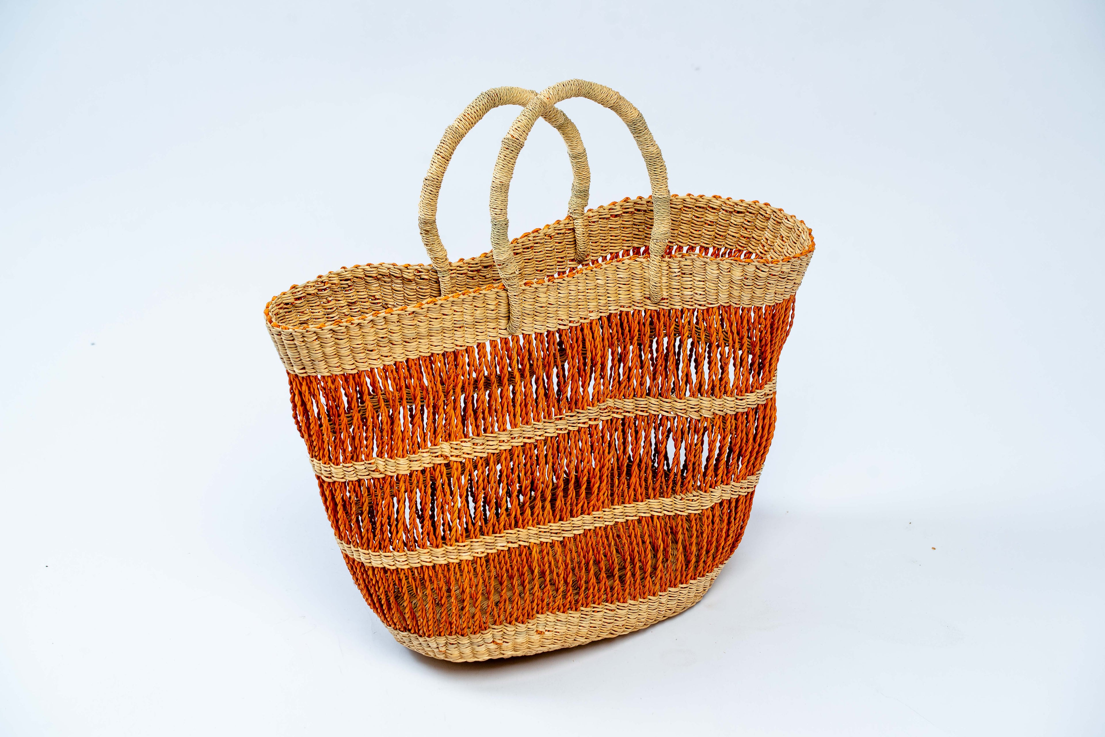 Handwoven Open-Weave Tote Basket Bag – Terracotta & Natural Stripe