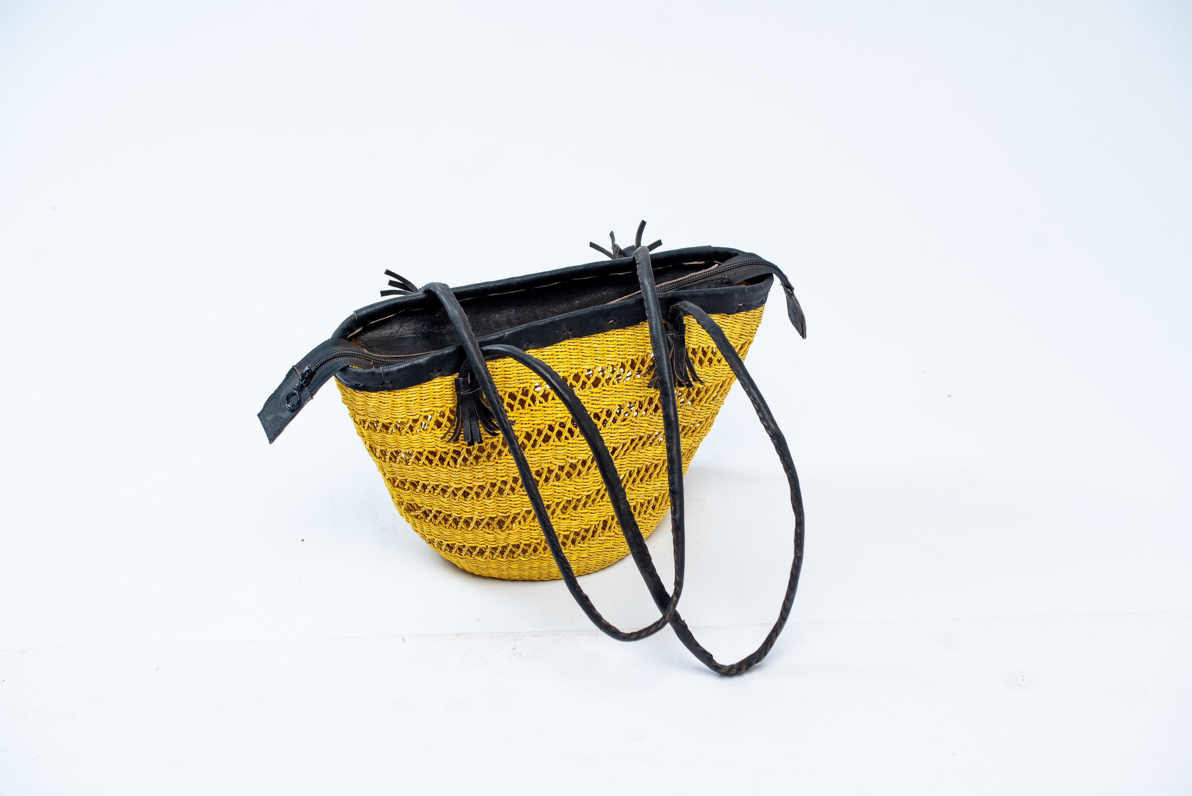 Handwoven Golden Yellow Open-Weave Basket Bag – Black Leather Rim & Straps