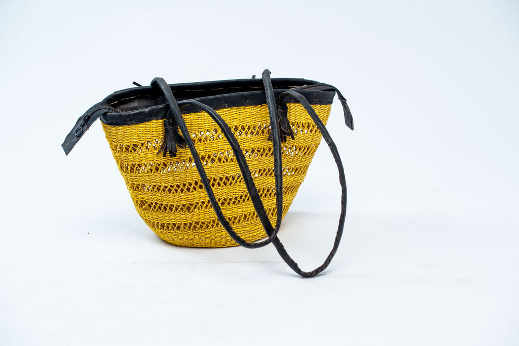 Handwoven Golden Yellow Open-Weave Basket Bag – Black Leather Rim & Straps