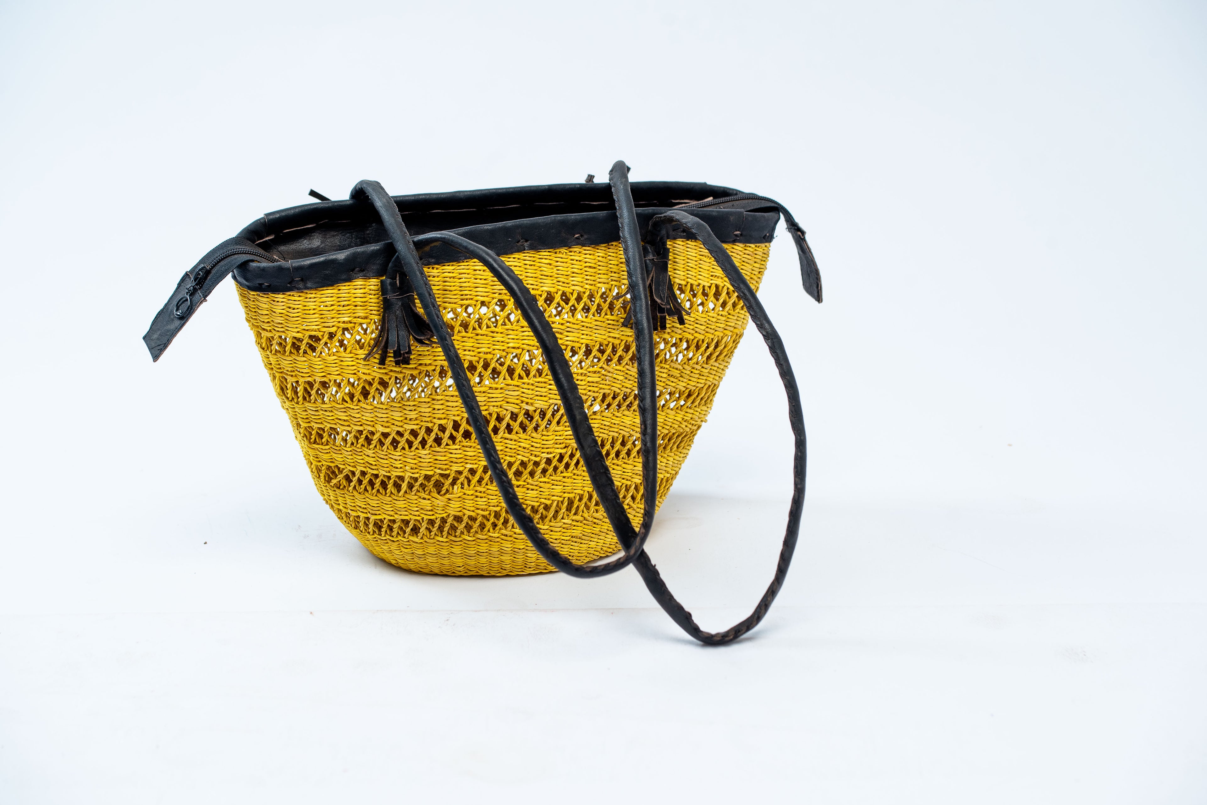 Handwoven Golden Yellow Open-Weave Basket Bag – Black Leather Rim & Straps