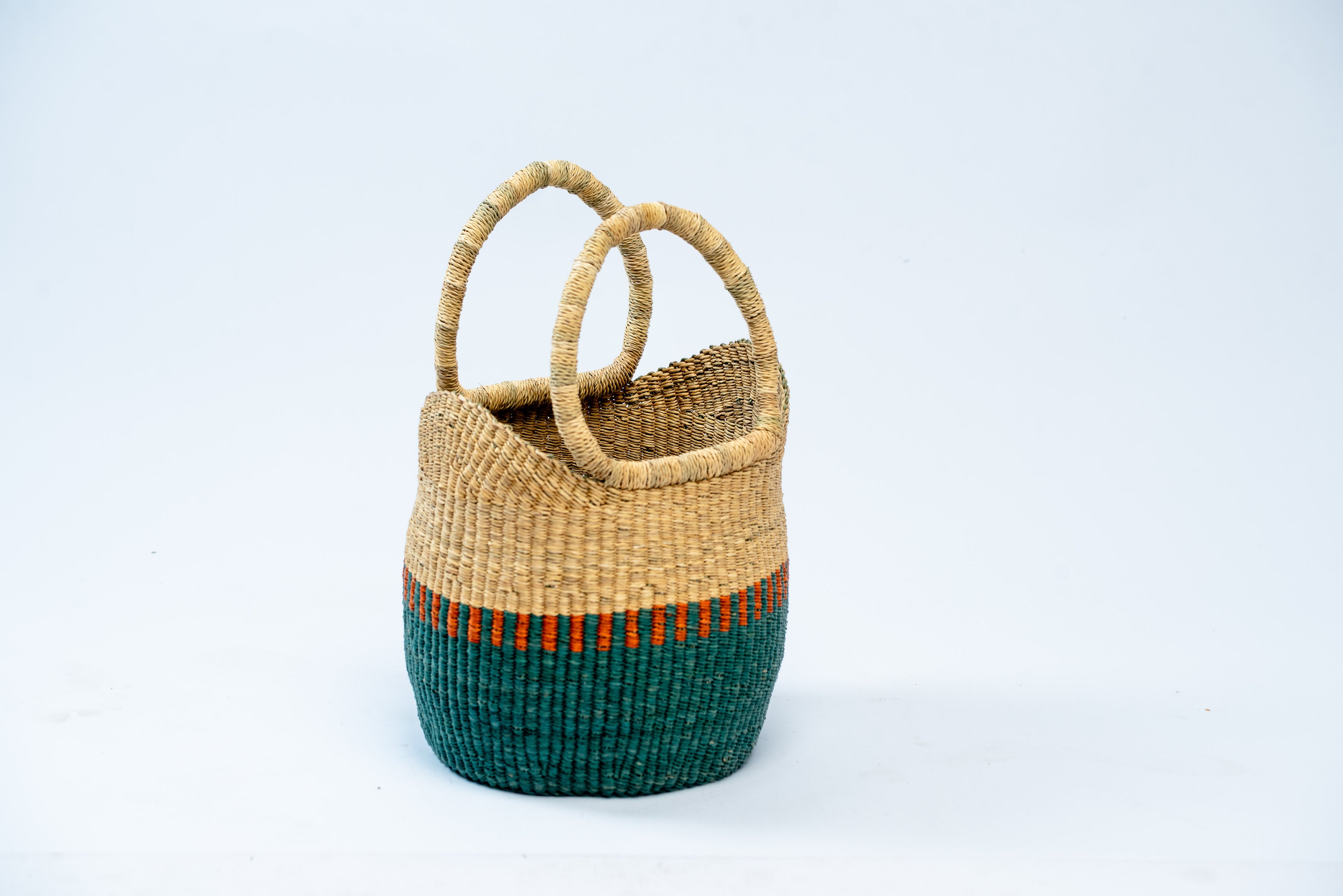 Handwoven Colour-Block Market Basket Bag – Natural & Teal with Orange Accent