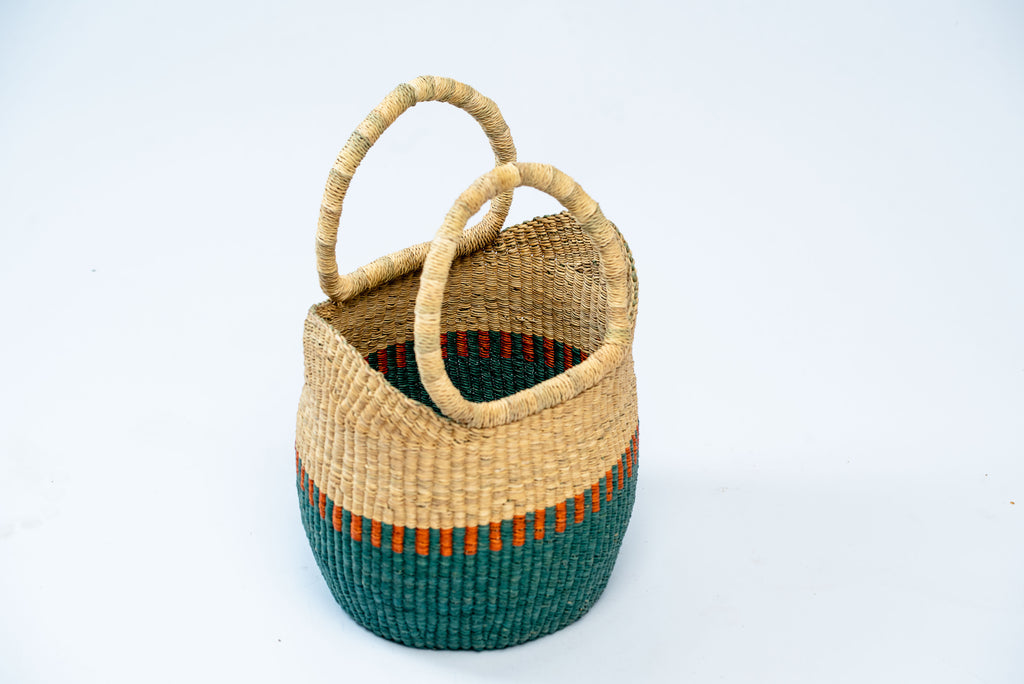 Handwoven Colour-Block Market Basket Bag – Natural & Teal with Orange Accent