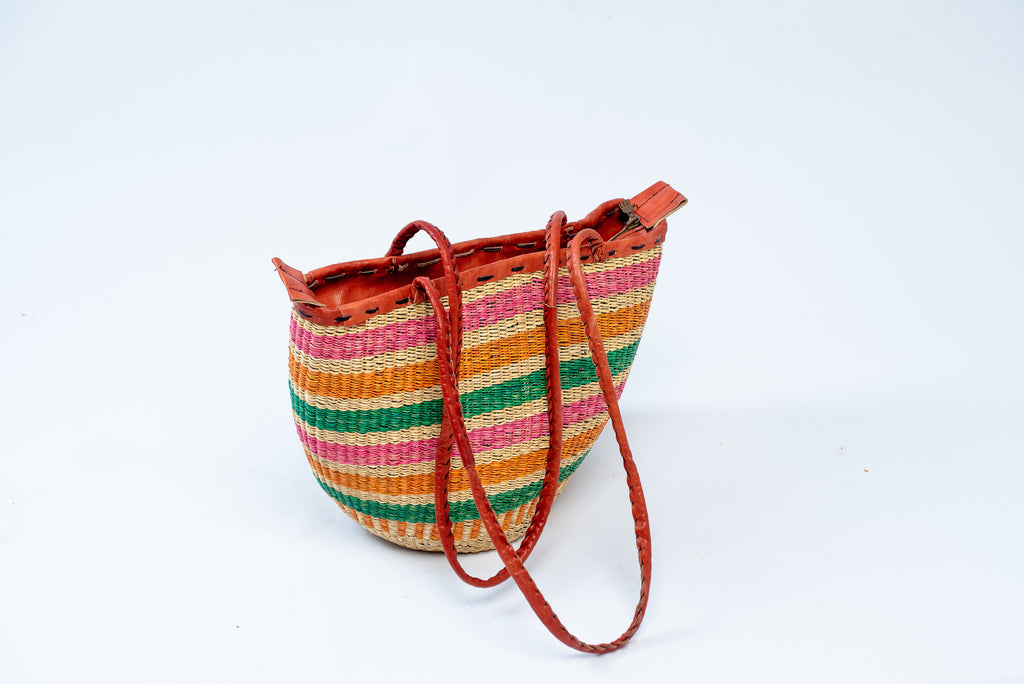 Handwoven Multicolour Stripe Basket Tote Bag – Red Leather Rim & Straps