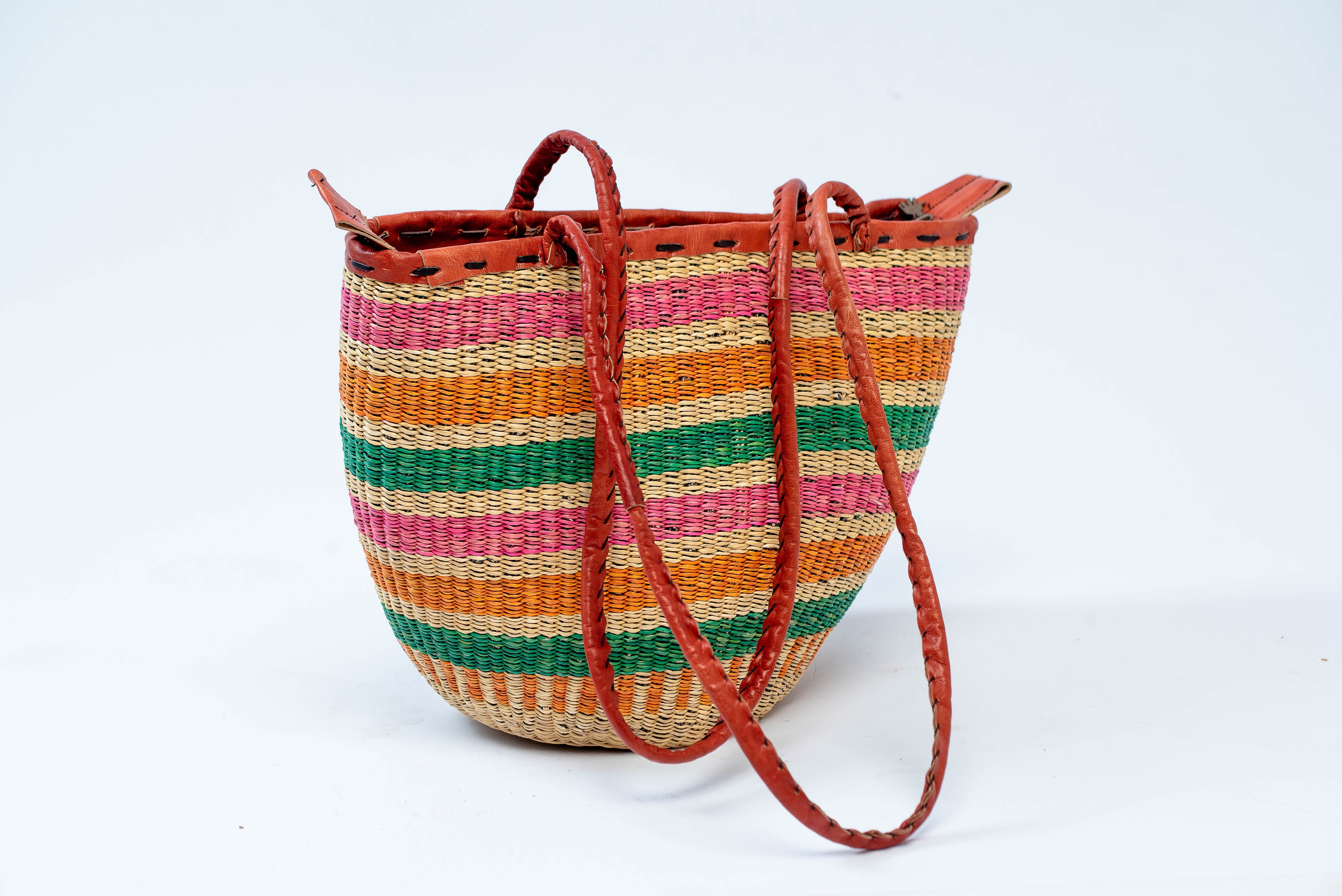 Handwoven Multicolour Stripe Basket Tote Bag – Red Leather Rim & Straps