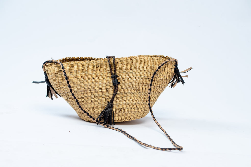 Handwoven Natural Straw Crescent Crossbody Bag – Black Leather Tassels