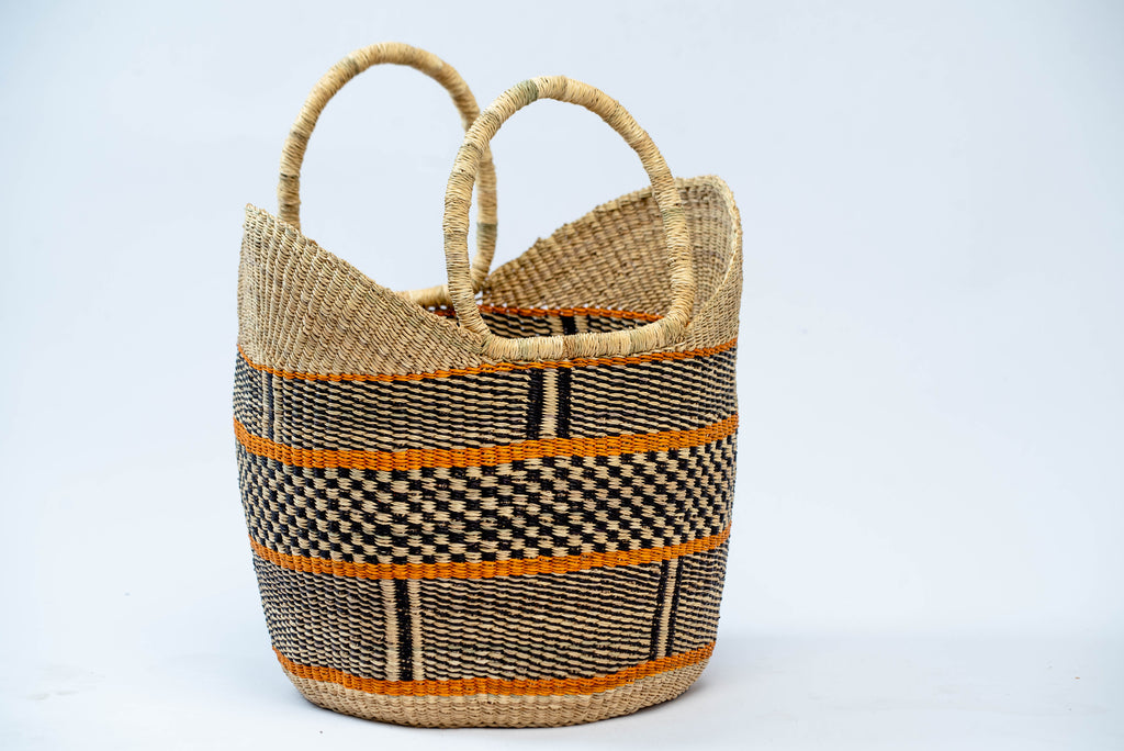 Handwoven Geometric Bolga Market Basket Tote – Black, Natural & Orange