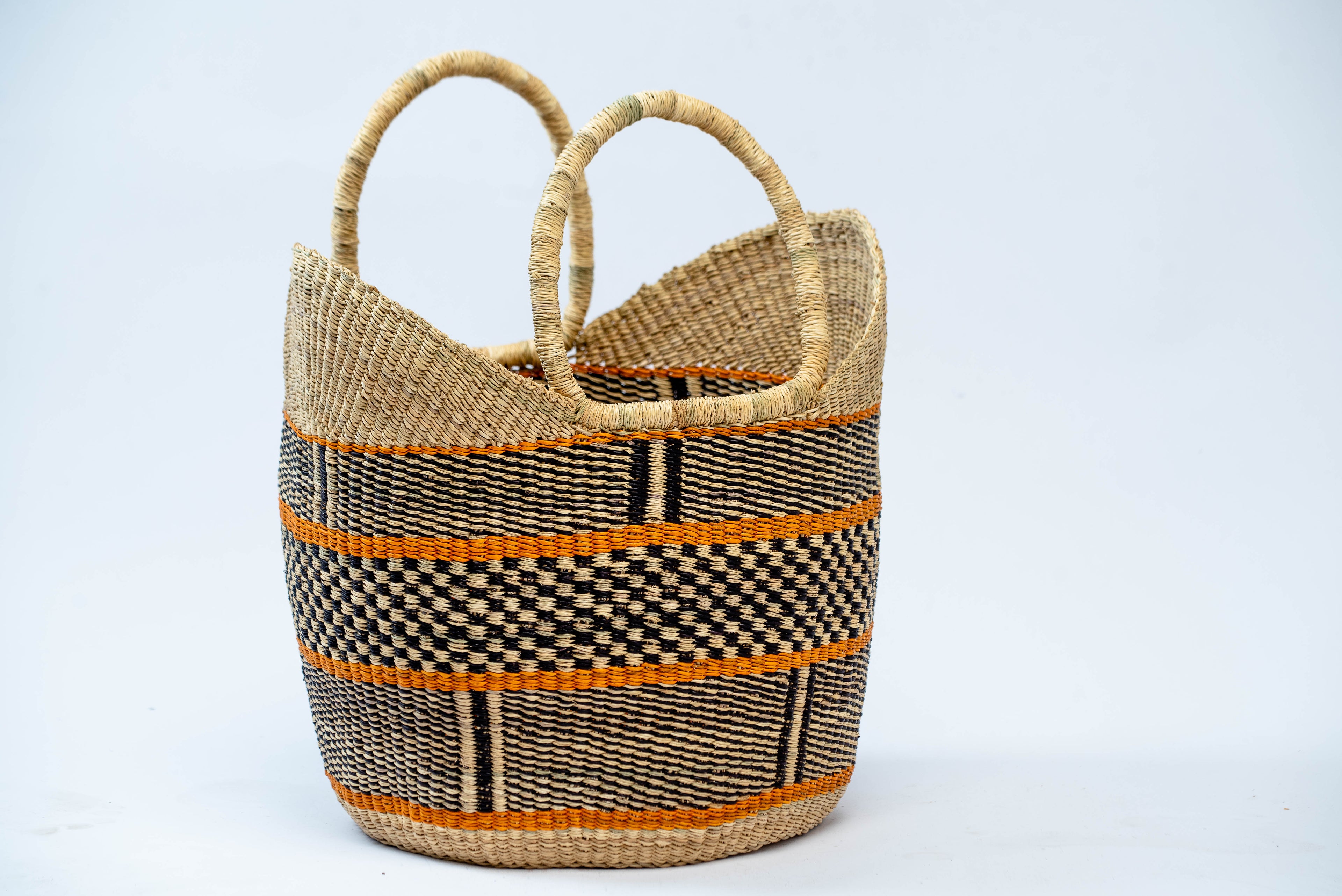 Handwoven Geometric Bolga Market Basket Tote – Black, Natural & Orange