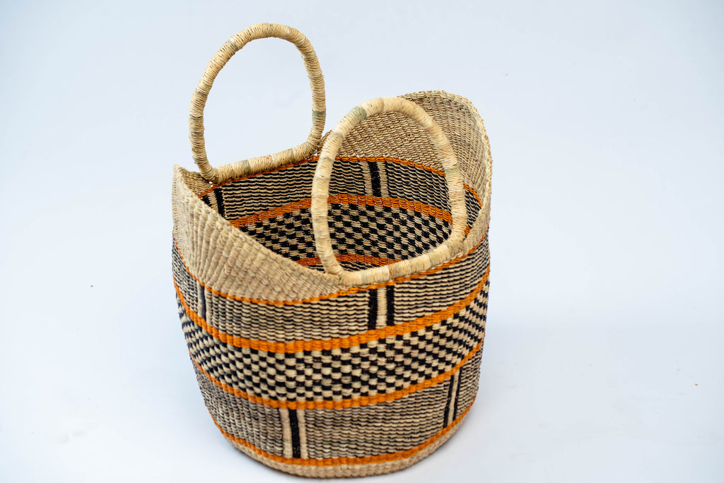 Handwoven Geometric Bolga Market Basket Tote – Black, Natural & Orange