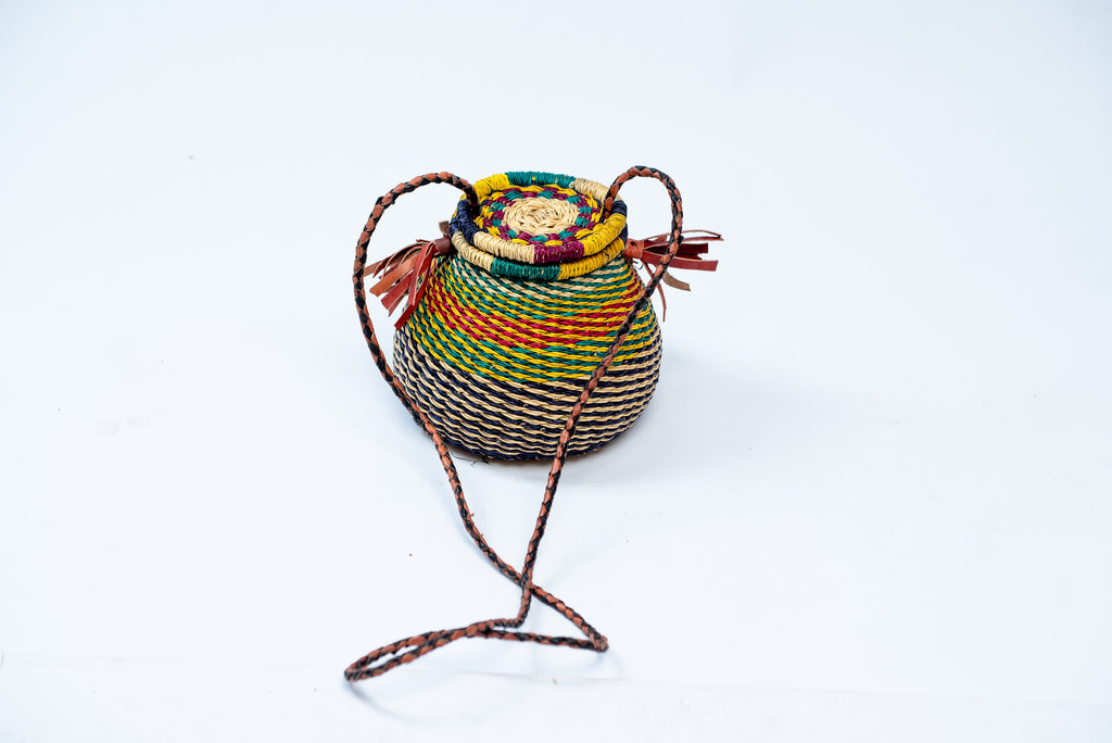 Handwoven Rainbow Pot Basket Bag – Lidded Crossbody with Leather Tassels