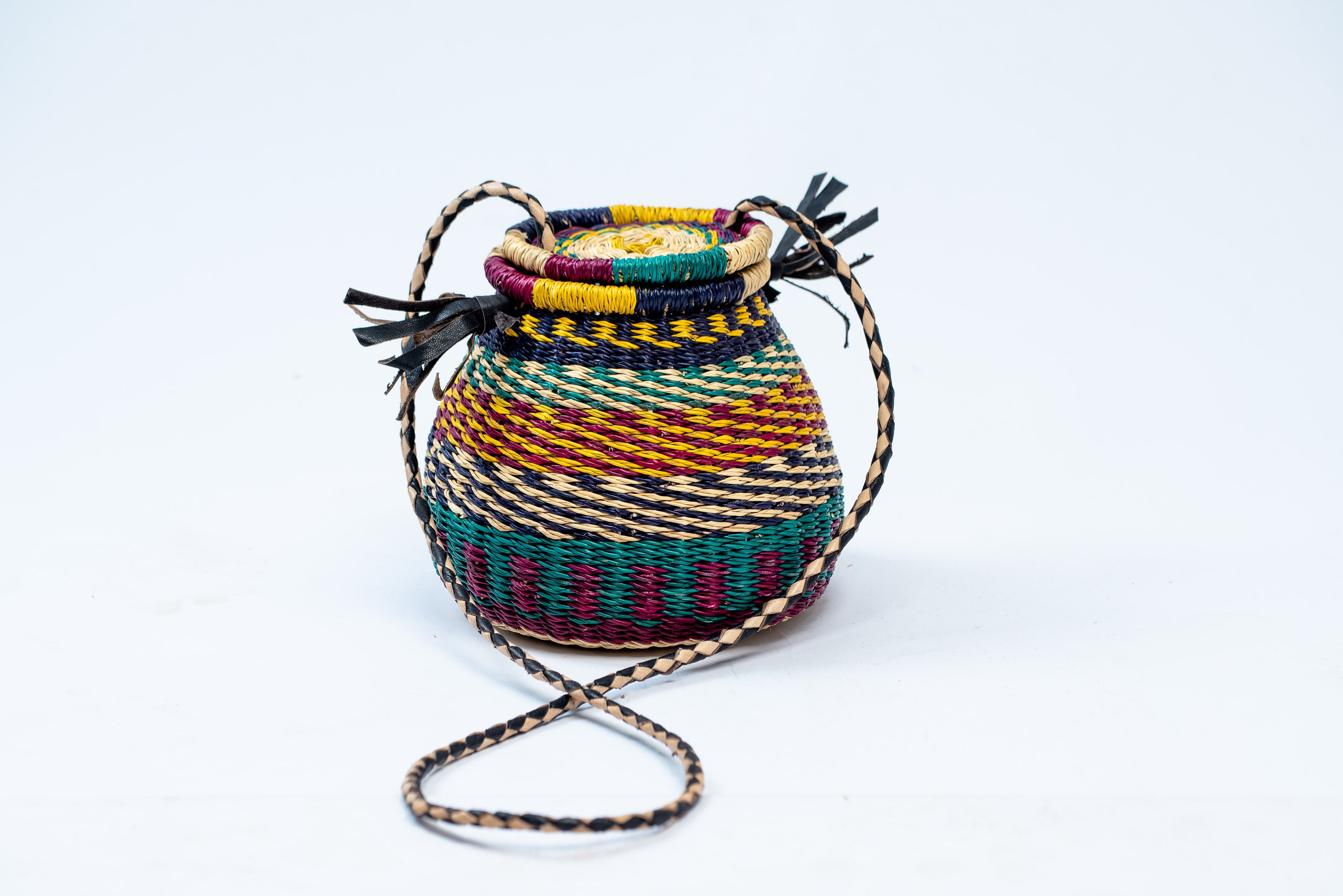 Handwoven Geometric Pot Basket Bag – Teal, Burgundy & Multicolour