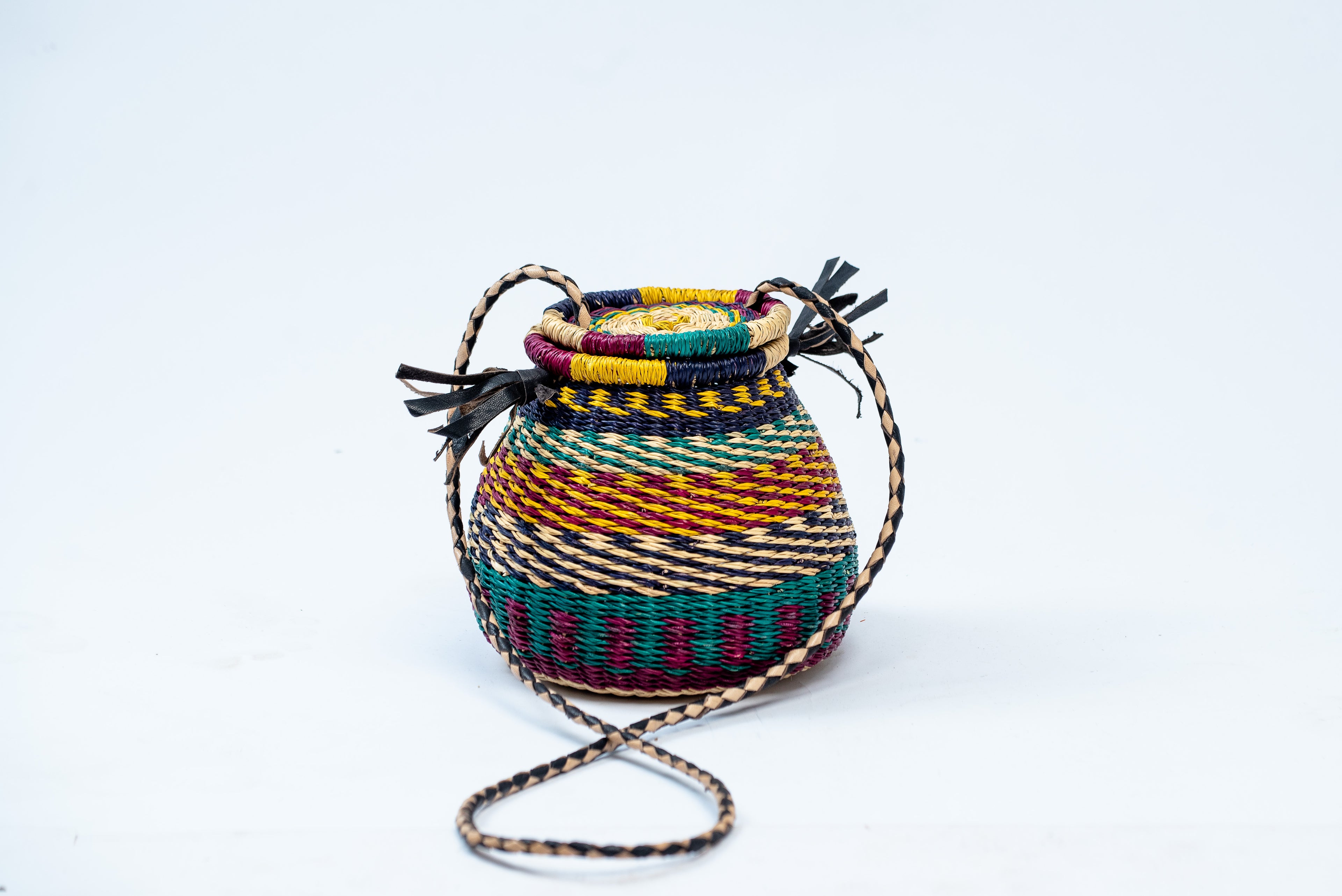 Handwoven Geometric Pot Basket Bag – Teal, Burgundy & Multicolour