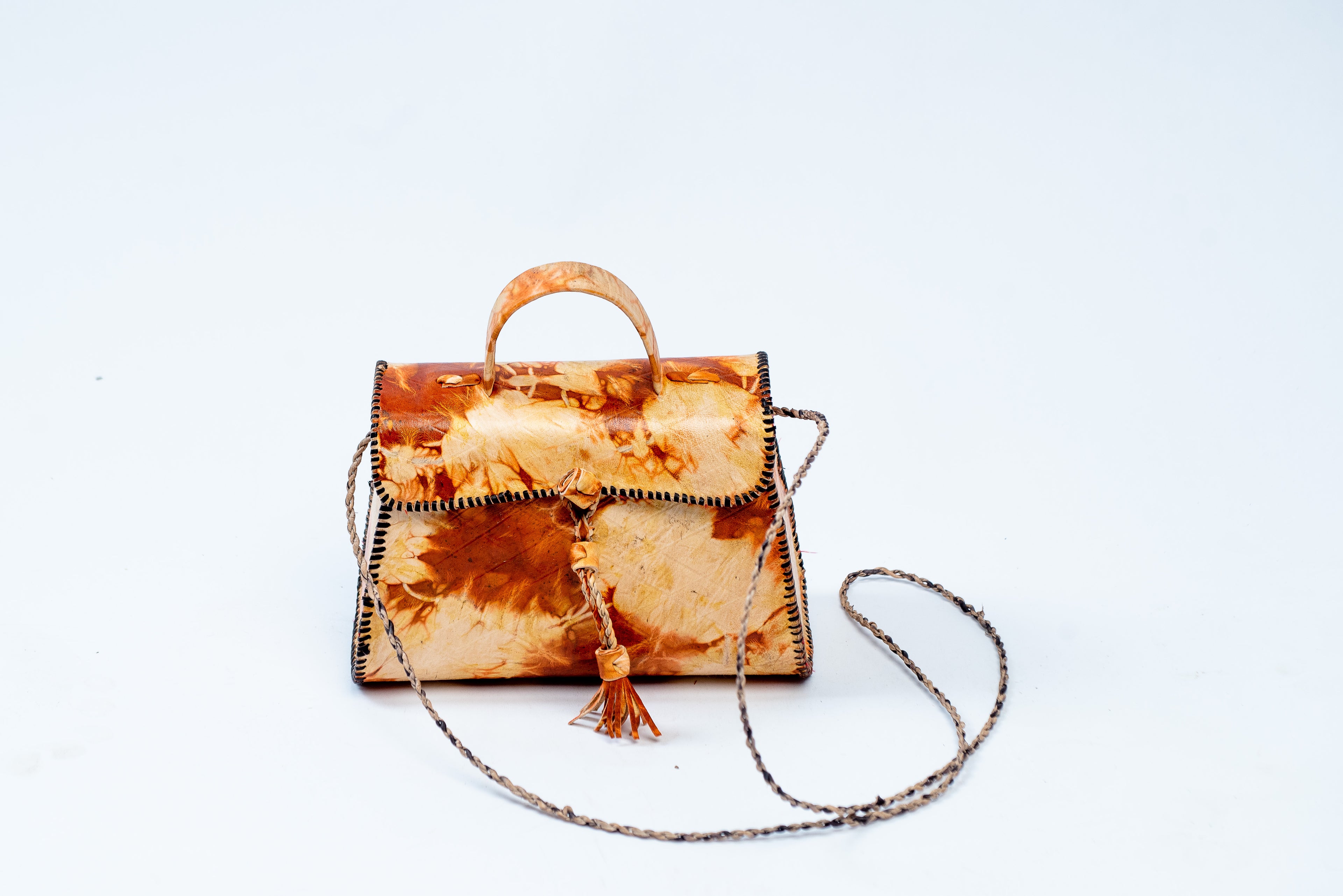Handmade Marble-Effect Leather Tote & Crossbody Bag – Tassel Detail