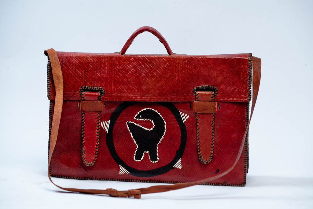 Handmade Red Leather Satchel Bag – Tribal Motif & Hand-Stitched Detail