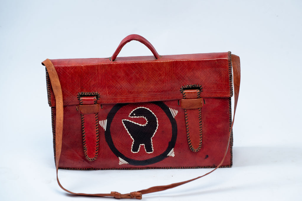 Handmade Red Leather Satchel Bag – Tribal Motif & Hand-Stitched Detail