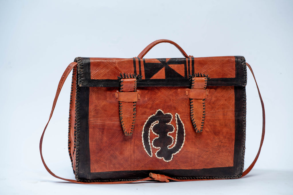 Handmade Tan & Black Leather Satchel Bag – Adinkra Symbol & Geometric Detail