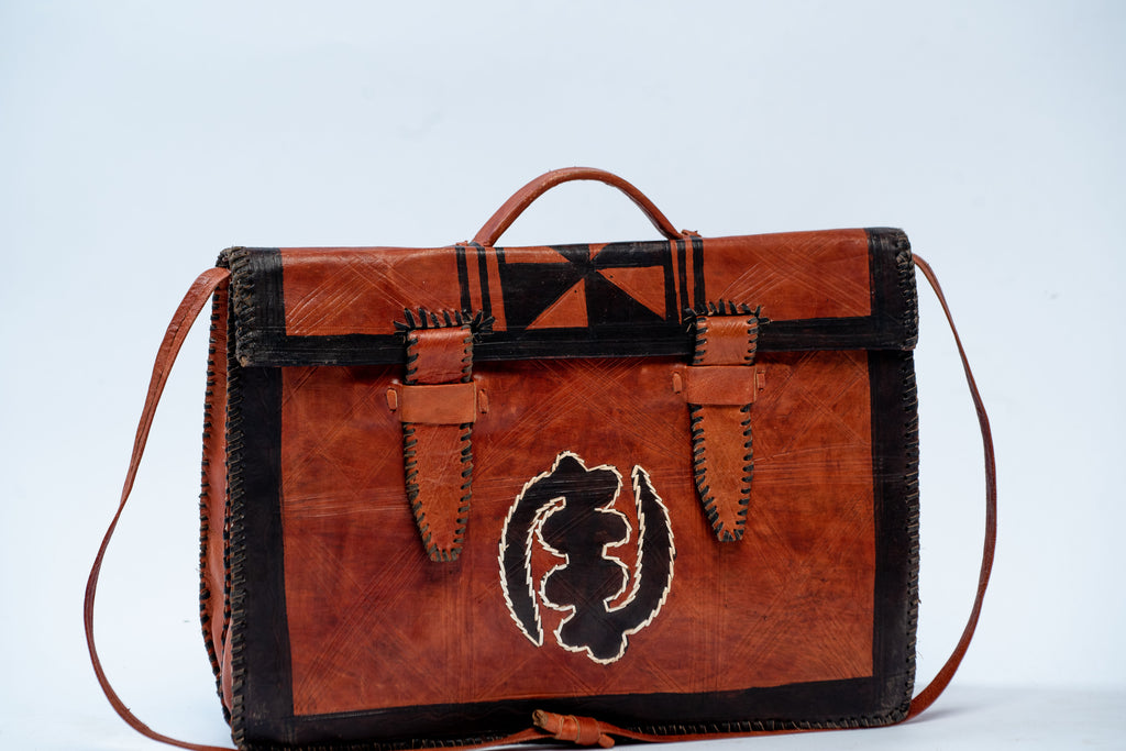 Handmade Tan & Black Leather Satchel Bag – Adinkra Symbol & Geometric Detail