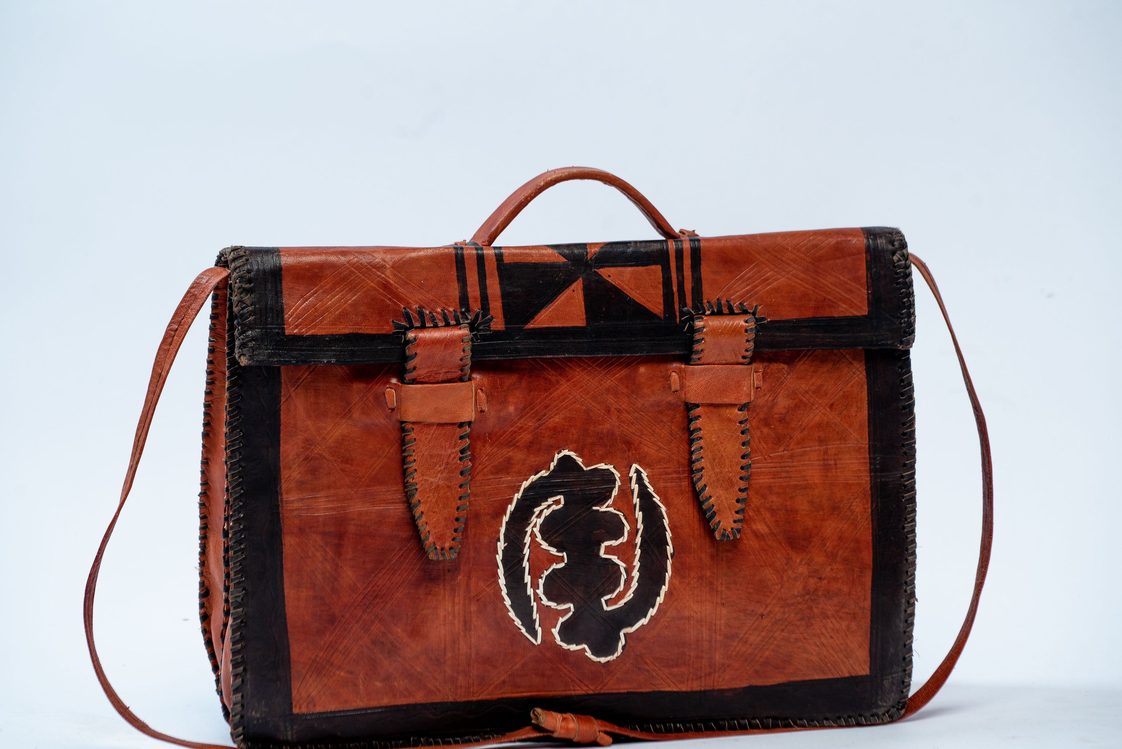 Handmade Tan & Black Leather Satchel Bag – Adinkra Symbol & Geometric Detail