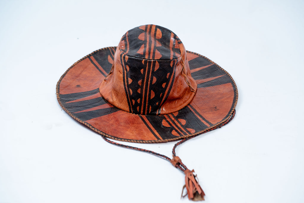 Handmade Wide-Brim Leather Hat – Hand-Painted Tribal Geometric Pattern