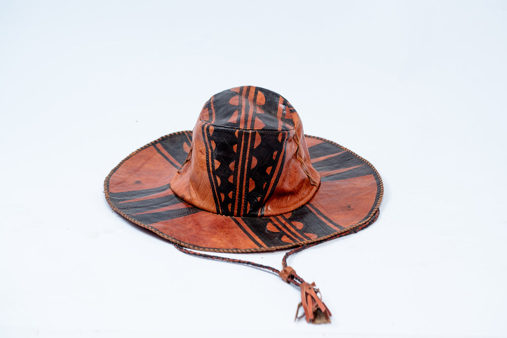 Handmade Wide-Brim Leather Hat – Hand-Painted Tribal Geometric Pattern