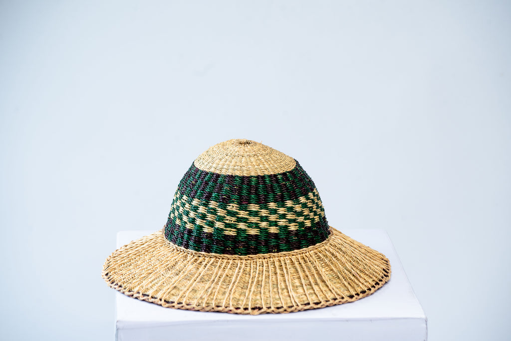 Handwoven Wide-Brim Bolga Sun Hat – Green Diamond Pattern Band