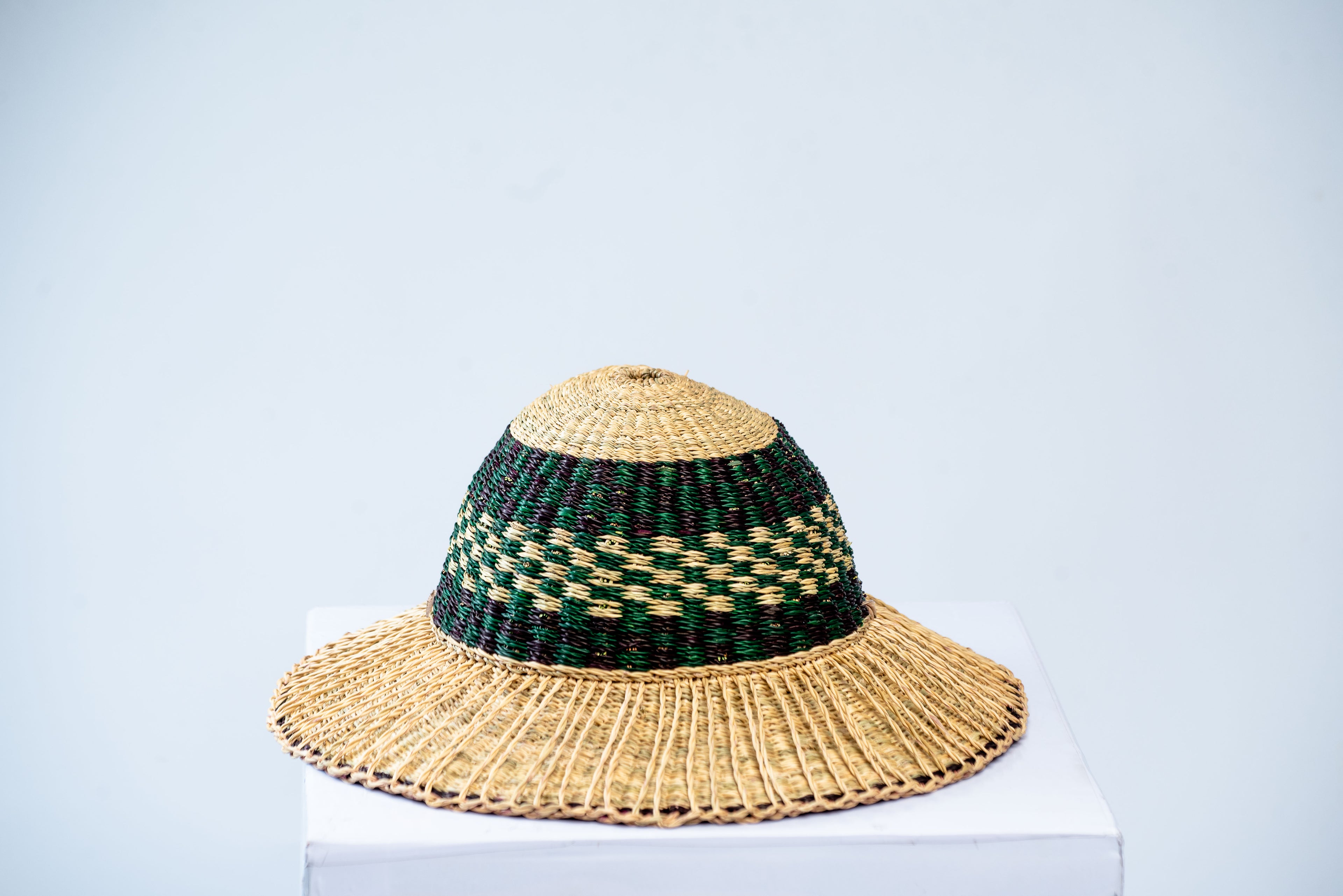 Handwoven Wide-Brim Bolga Sun Hat – Green Diamond Pattern Band
