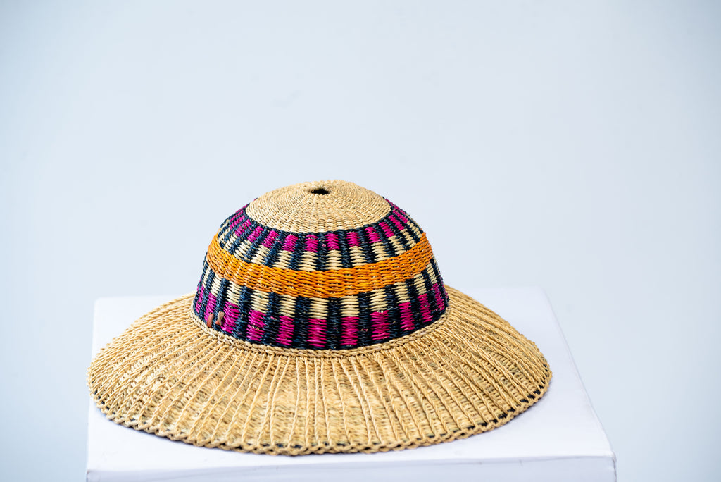 Handwoven Wide-Brim Bolga Sun Hat – Magenta, Navy & Amber Multicolour Band