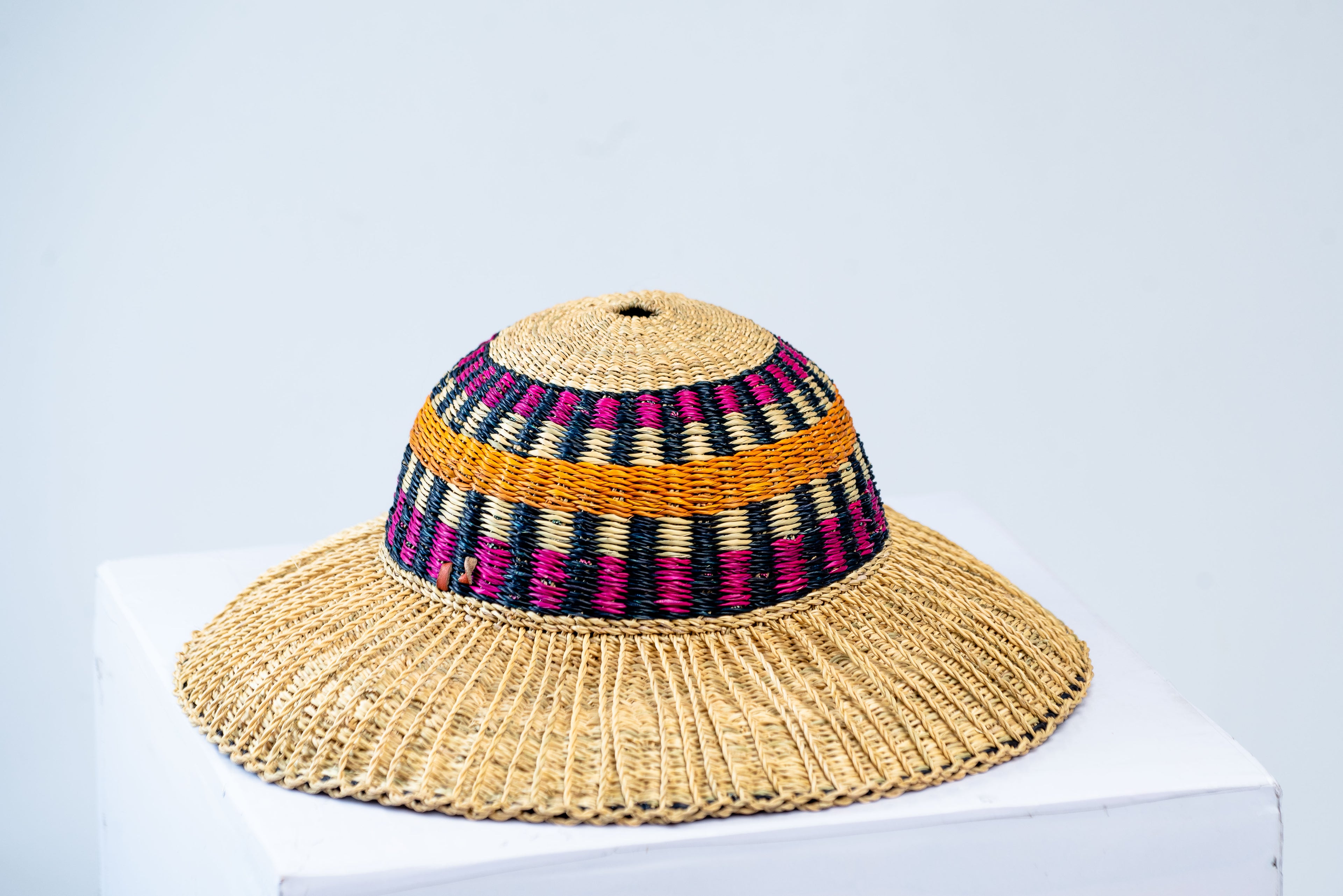 Handwoven Wide-Brim Bolga Sun Hat – Magenta, Navy & Amber Multicolour Band