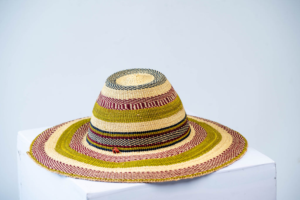 Handwoven Wide-Brim Bolga Fedora Sun Hat – Olive, Burgundy & Natural Stripe