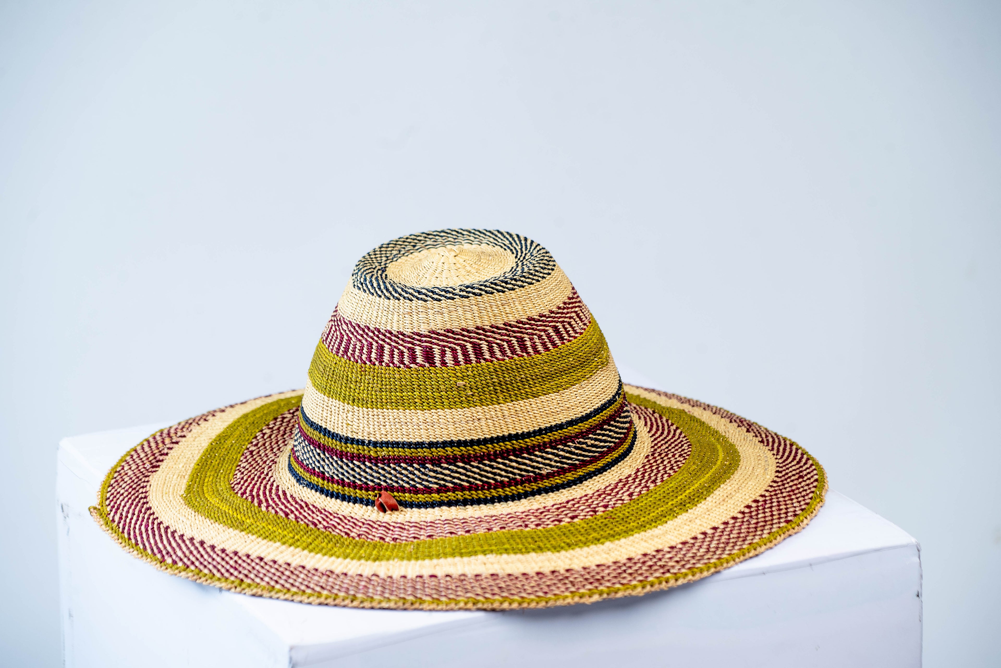 Handwoven Wide-Brim Bolga Fedora Sun Hat – Olive, Burgundy & Natural Stripe
