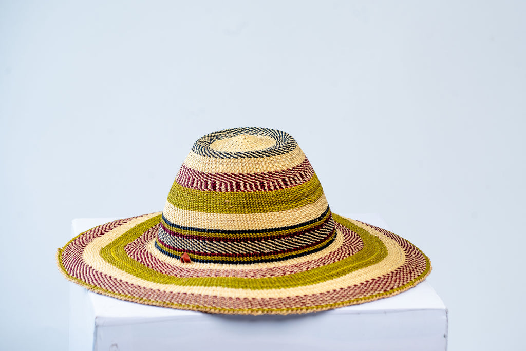 Handwoven Wide-Brim Bolga Fedora Sun Hat – Olive, Burgundy & Natural Stripe