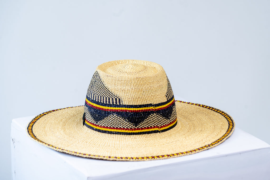 Handwoven Natural Straw Bolga Fedora Sun Hat – Navy, Yellow & Red Geometric Band