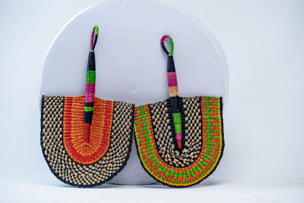 Handwoven Bolga Fan Set – Checkerboard & Multicolour Stripe (Set of 2, Assorted Colourways)