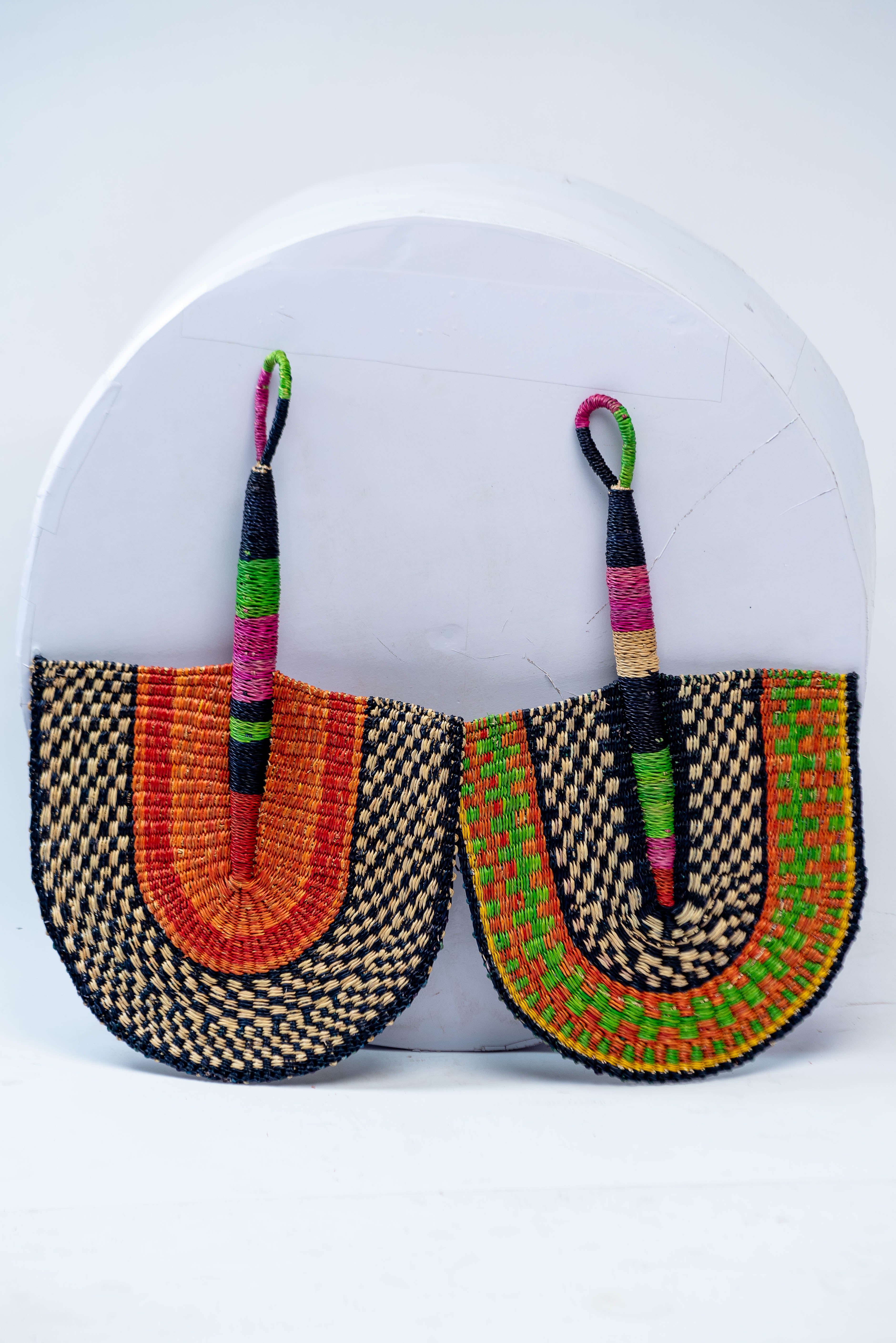 Handwoven Bolga Fan Set – Checkerboard & Multicolour Stripe (Set of 2, Assorted Colourways)