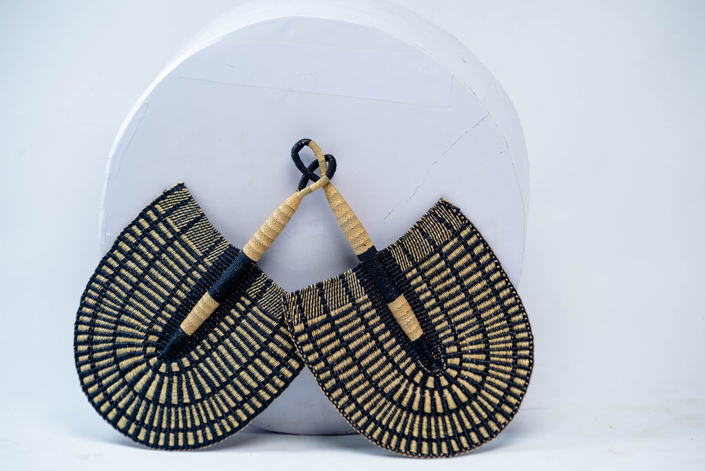 Handwoven Bolga Fan Set – Black & Natural Straw Radial Stripe (Set of 2)